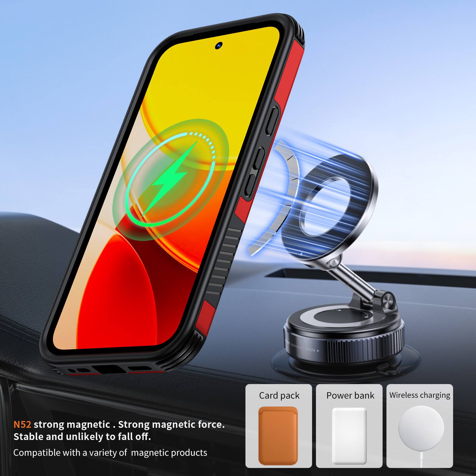 OPEN

Card pack  
Power bank  
Wireless charging  

N52 strong magnetic. Strong magnetic force. Stable and unlikely to fall off. Compatible with a variety of magnetic products