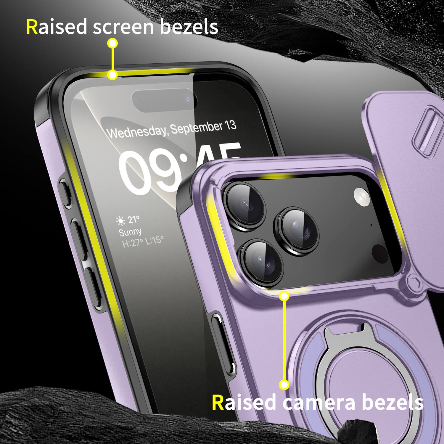 Raised screen bezels  
Wednesday, September 13  
09:45  
Sunny  
21°  
H: 27° L: 15°  

Raised camera bezels