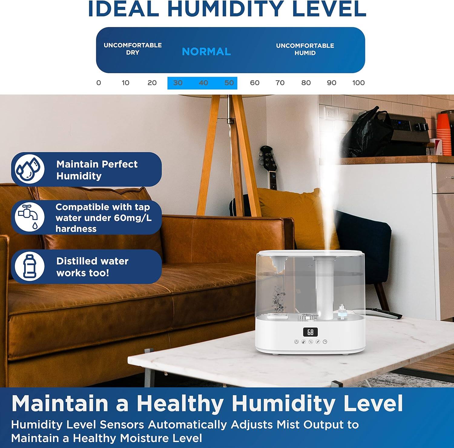 The text on the image is already grouped and correctly written. It reads:

"Maintain a Healthy Humidity Level
Humidity Level Sensors
Automatically Adjusts Mist Output to Maintain a Healthy Moisture Level

IDEAL HUMIDITY LEVEL
UNCOMFORTABLE
DRY
NORMAL
UNCOMFORTABLE HUMID
0
10
20
30
40
50
60
70
80
90
100

Maintain Perfect Humidity
Compatible with tap water under 60mg/L hardness
Distilled water works too!
6 -"