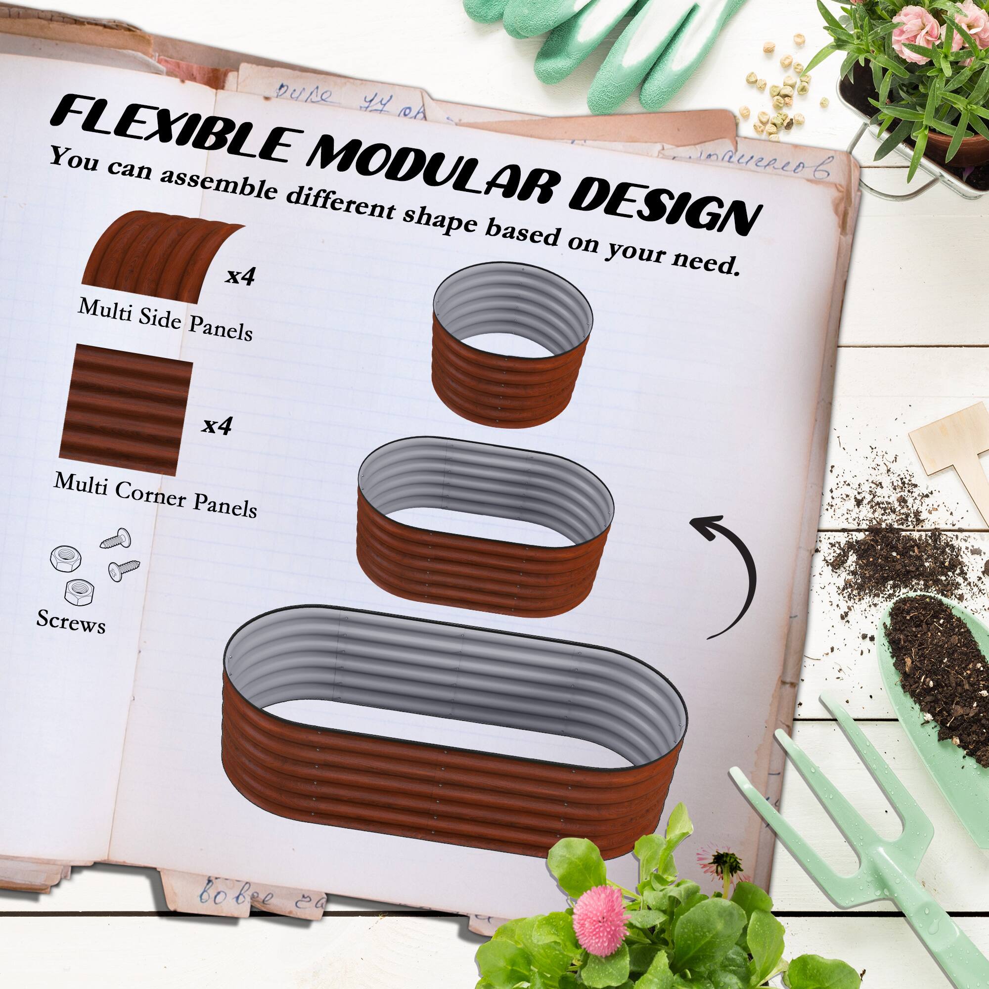 FLEXIBLE MODULAR DESIGN  
You can assemble different shapes based on your need.  

x4 Multi Side Panels  
x4 Multi Corner Panels  
Screws