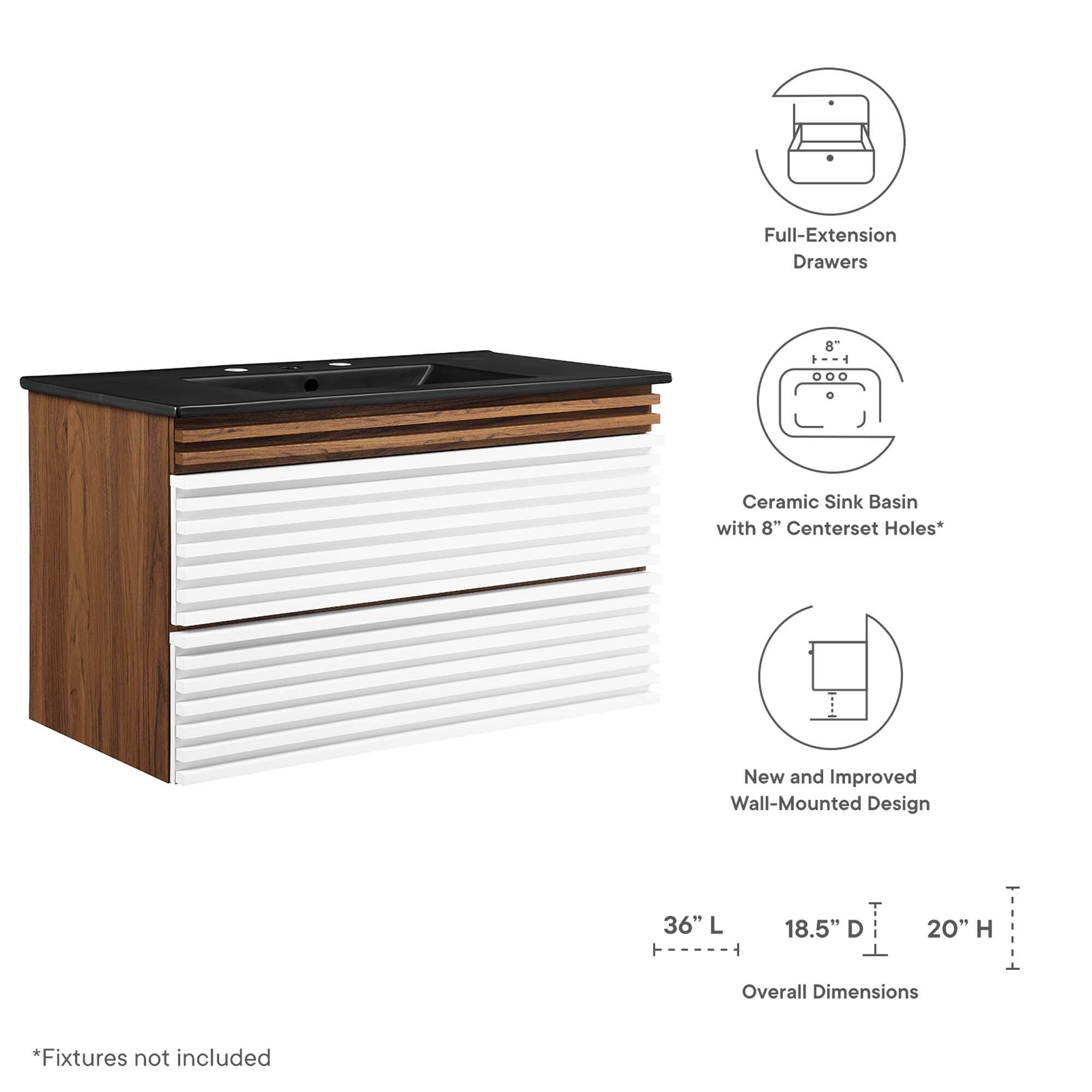 Full-Extension Drawers  
Ceramic Sink Basin with 8" Centerset Holes*  
New and Improved Wall-Mounted Design  

Overall Dimensions:  
36" L x 18.5" D x 20" H  

*Fixtures not included