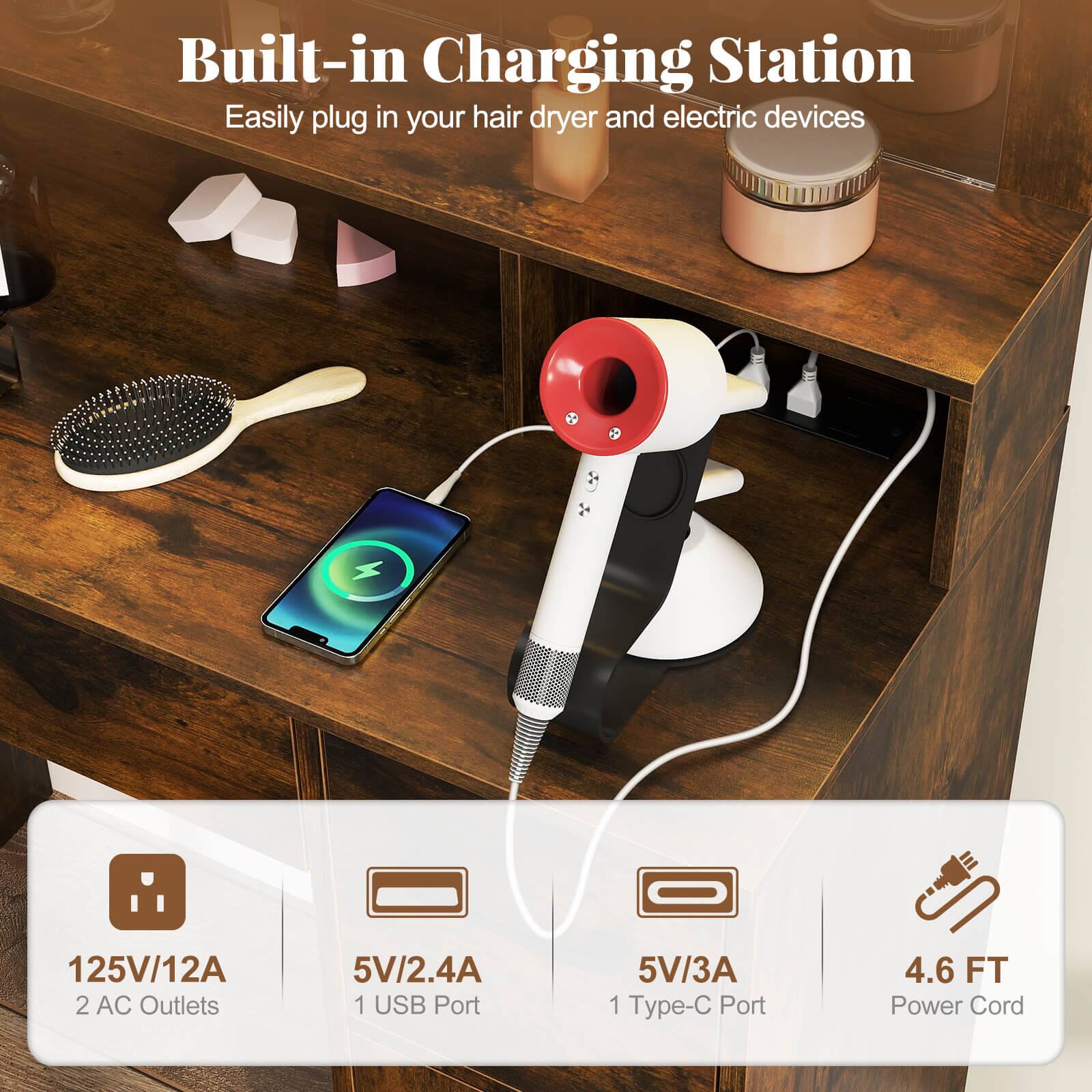 Built-in Charging Station  
Easily plug in your hair dryer and electric devices

- 125V/12A  
  2 AC Outlets

- 5V/2.4A  
  1 USB Port

- 5V/3A  
  1 Type-C Port

- 4.6 FT Power Cord