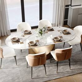 POVISON - 71"Hobart Modern Oval Dining Table for 6, Oval Glossy Sintered Stone Kitchen Table, Bronze Carbon Steel Base - White