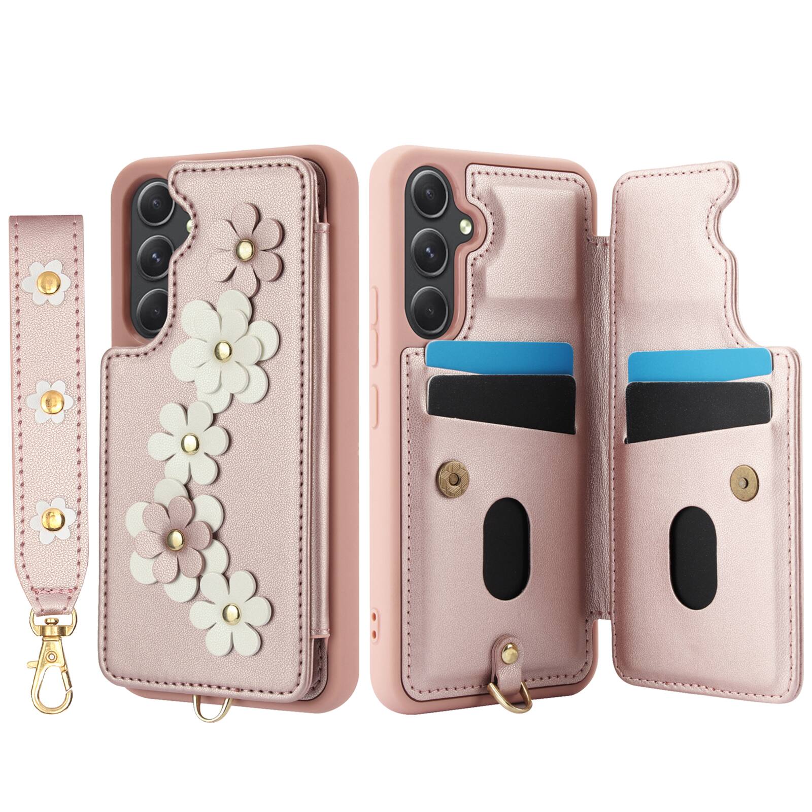 Angle. Dteck - Wallet Case For Samsung Galaxy A17 5G Crossbody Wrist Strap Flower Leather Flip Kickstand Magnetic Snap Cover - Rosegold.