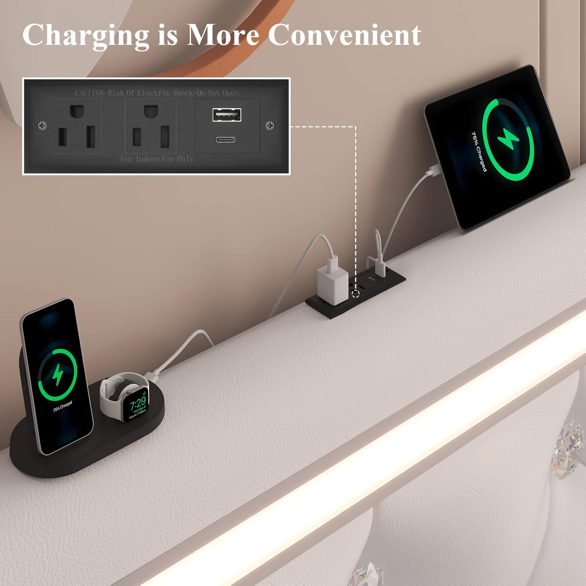 Charging is More Convenient

CAUTION - Risk of Electric Shock - Do Not Open  
For Indoor Use Only.

70% Charged  
7:29