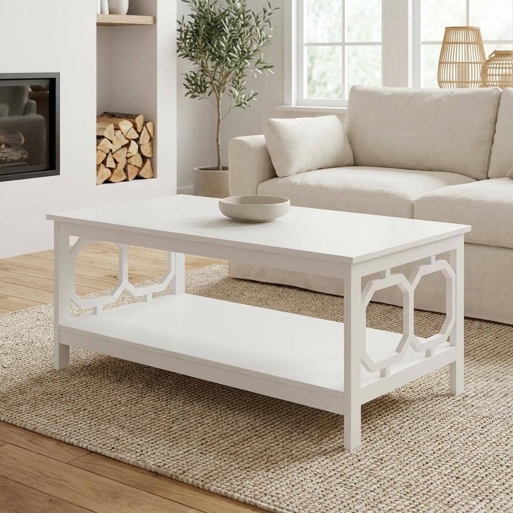 Back. FurniFact - White Coffee Table with Shelf Contemporary MDF Storage Design - White.