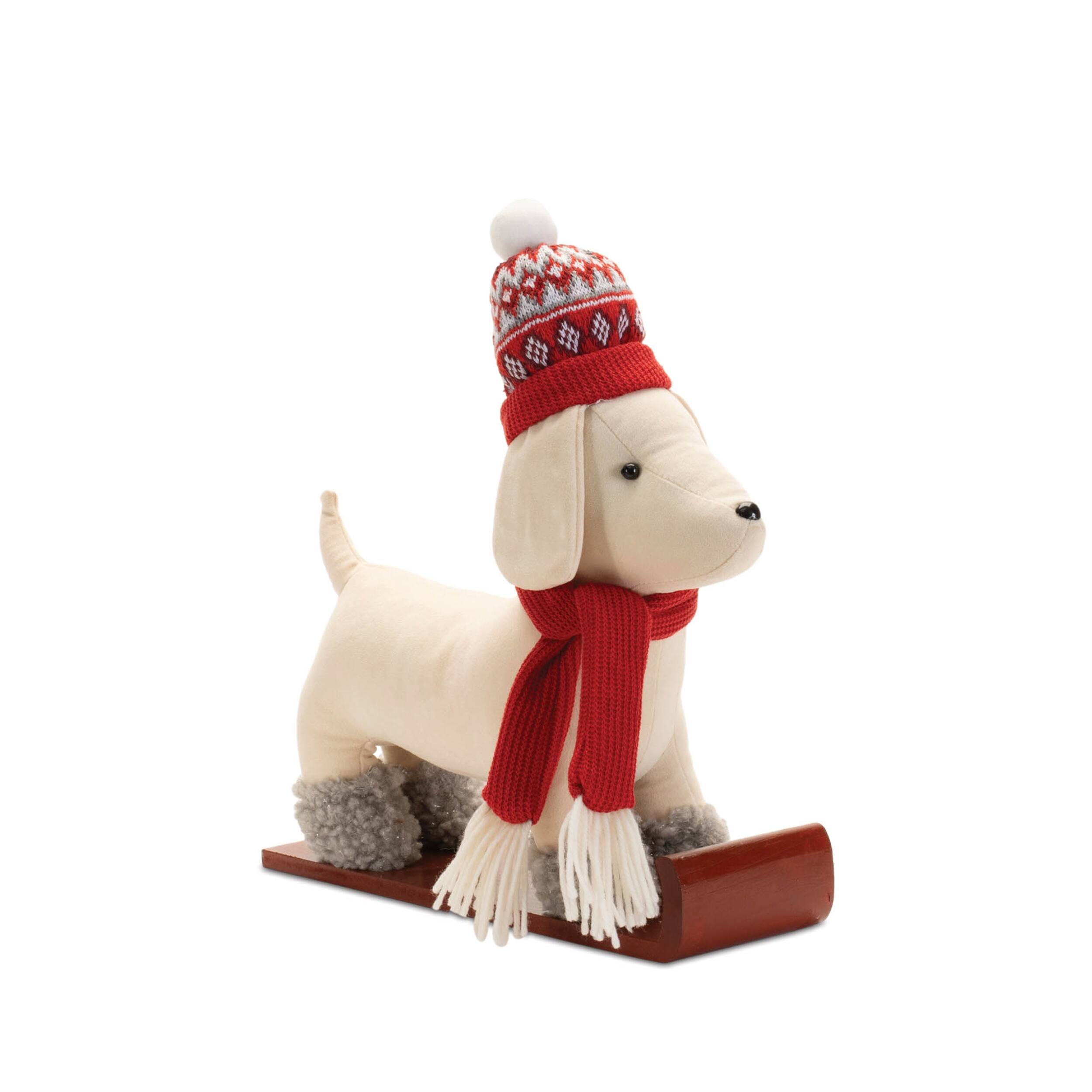 Back. BreeBe - Plush Dog Character on Sled and Skis (Set of 2) - Red, White, Green.