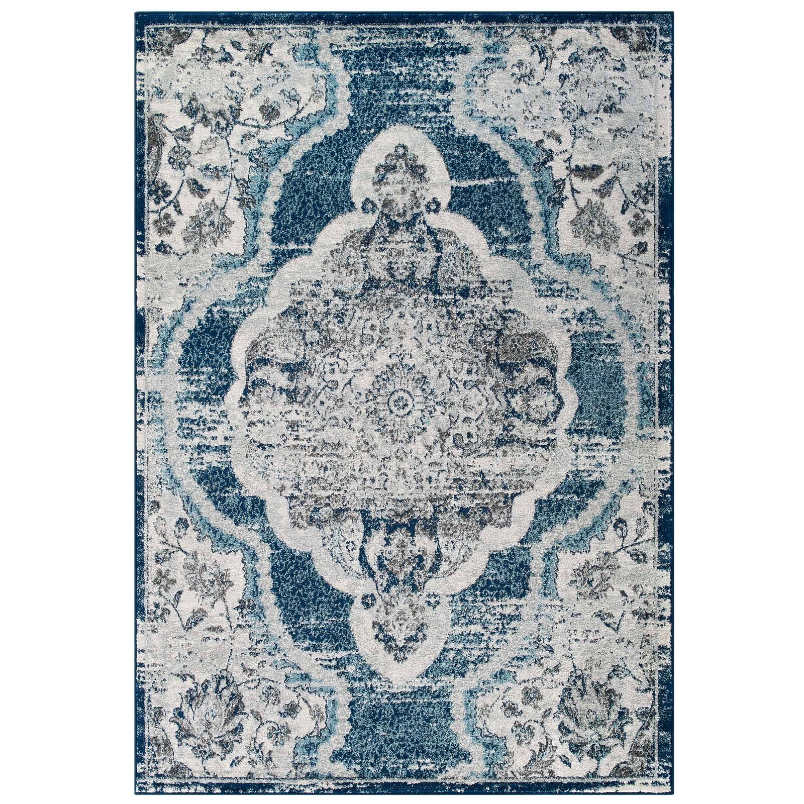 Angle. Modway - Entourage Malia Distressed Vintage Floral Vintage Medallion Area Rug - Ivory and Blue.