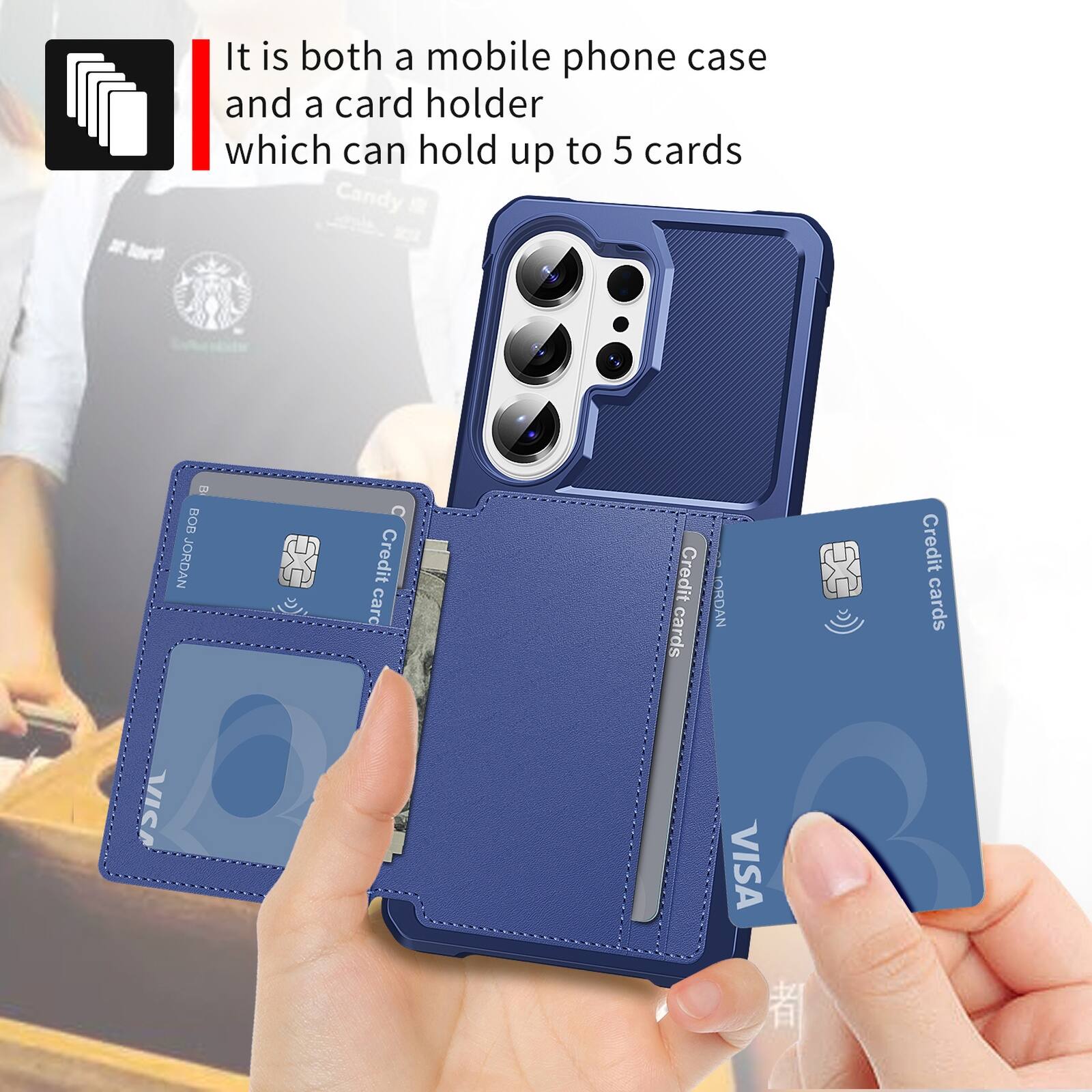 It is both a mobile phone case and a card holder which can hold up to 5 cards.