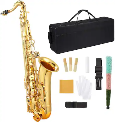 Front. Homhougo - B-Flat Tenor Saxophone with Case & Cleaning Kit, Ideal for Beginners & Musicians - Gold.