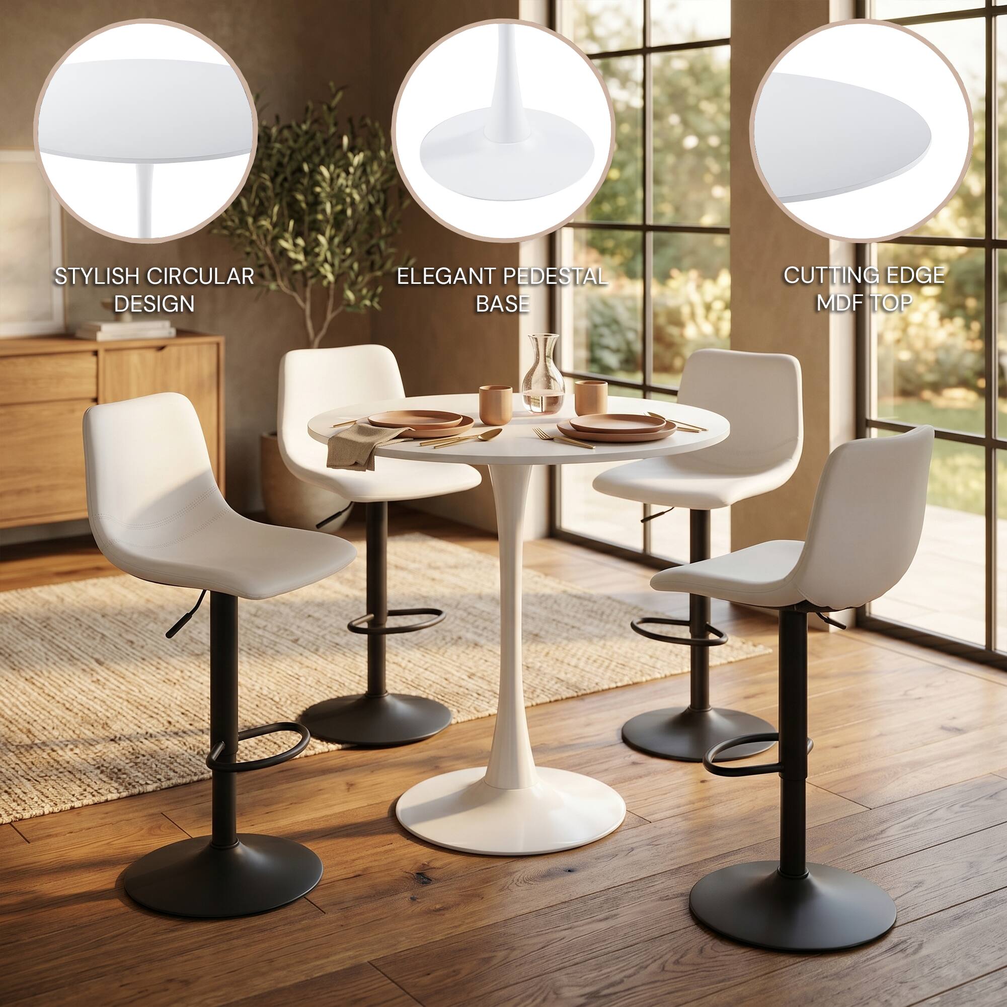 STYLISH CIRCULAR DESIGN  
ELEGANT PEDESTAL BASE  
CUTTING EDGE MDF TOP