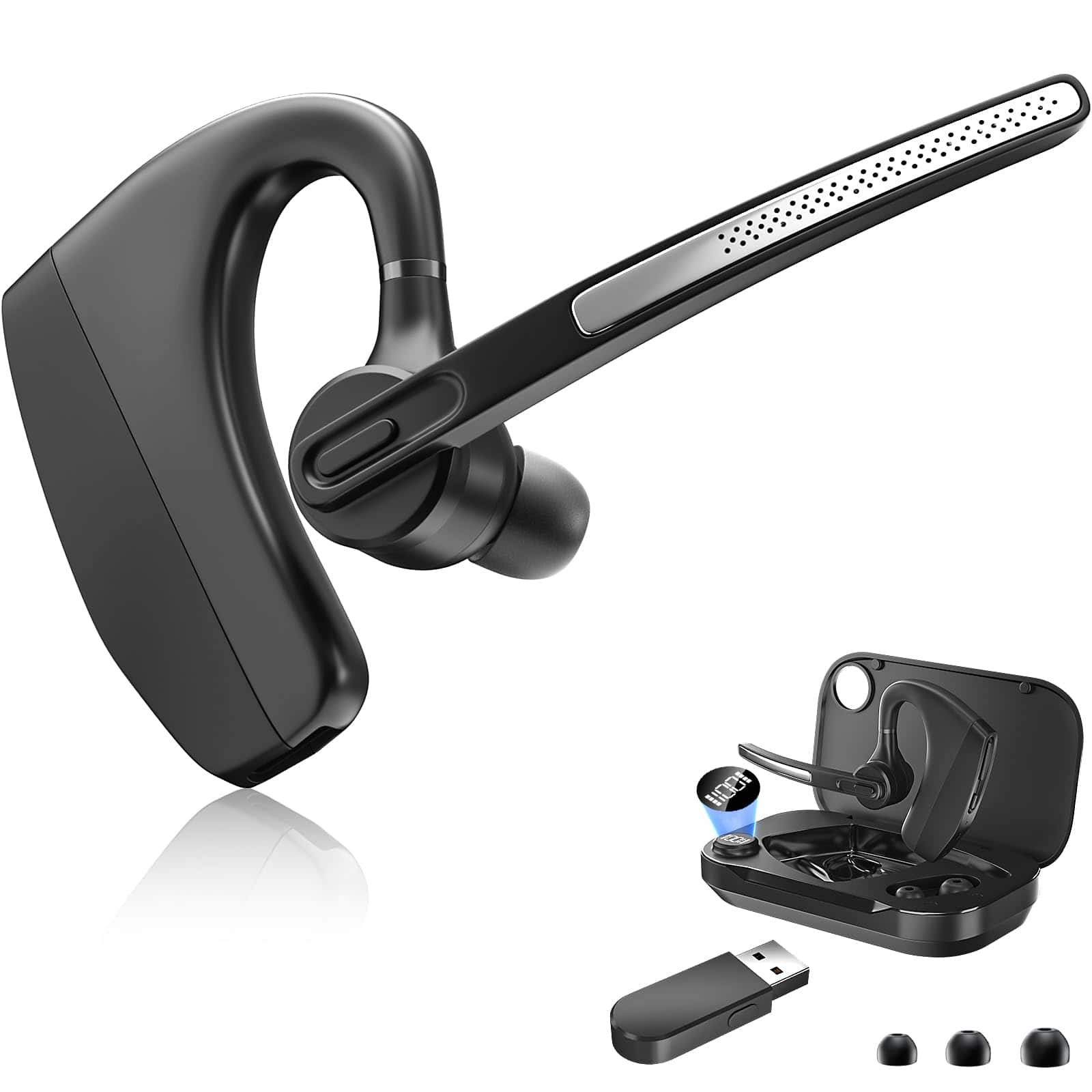 Dazzling Pops - Headset Wireless Earpiece With 450mah Charging Case Usb Dongle Noise Canceling Mic For Pc Computer Laptop - Headset + Charge Case + USB Dongle-HLK30