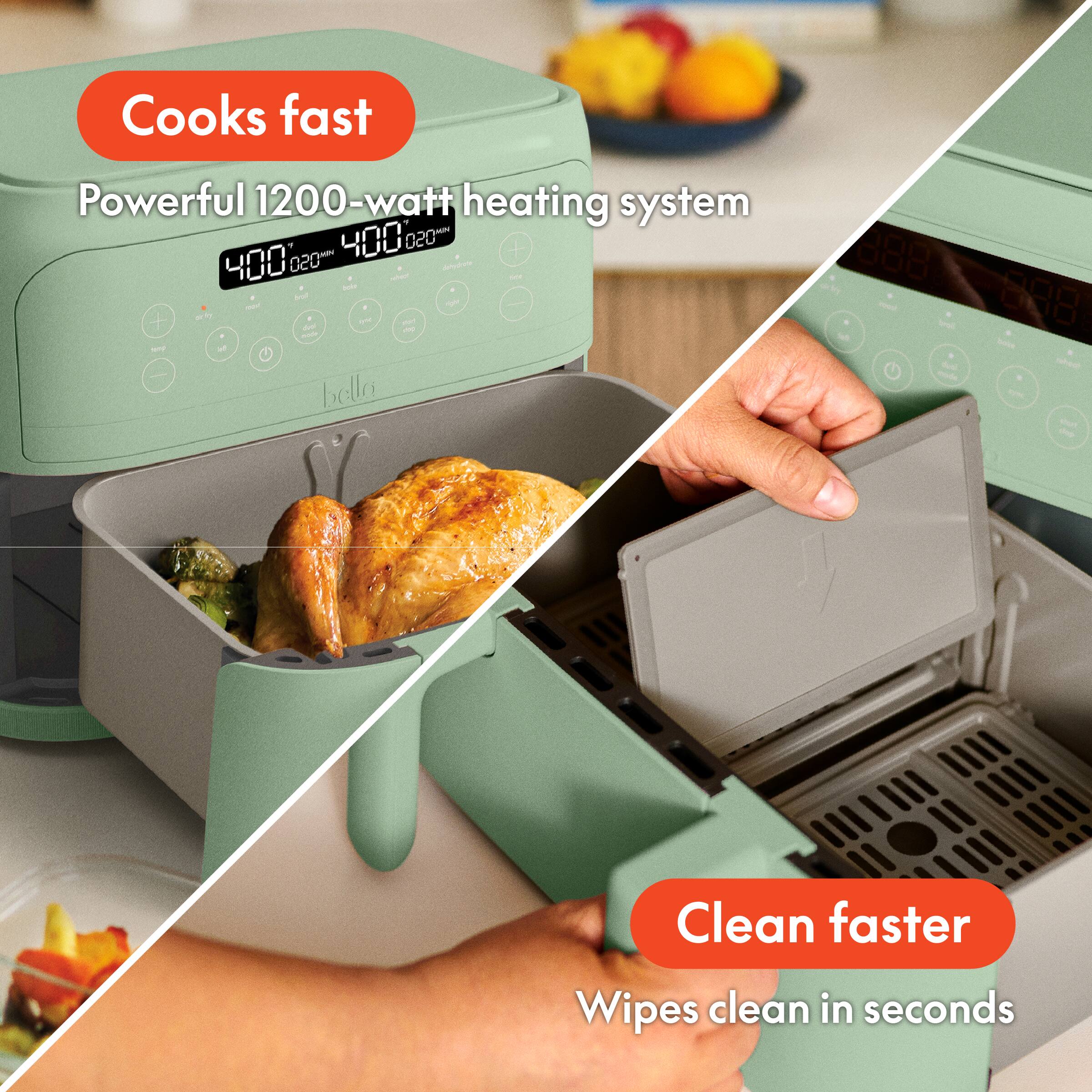 Cooks fast Powerful 1200-watt heating system Clean faster Wipes clean in seconds