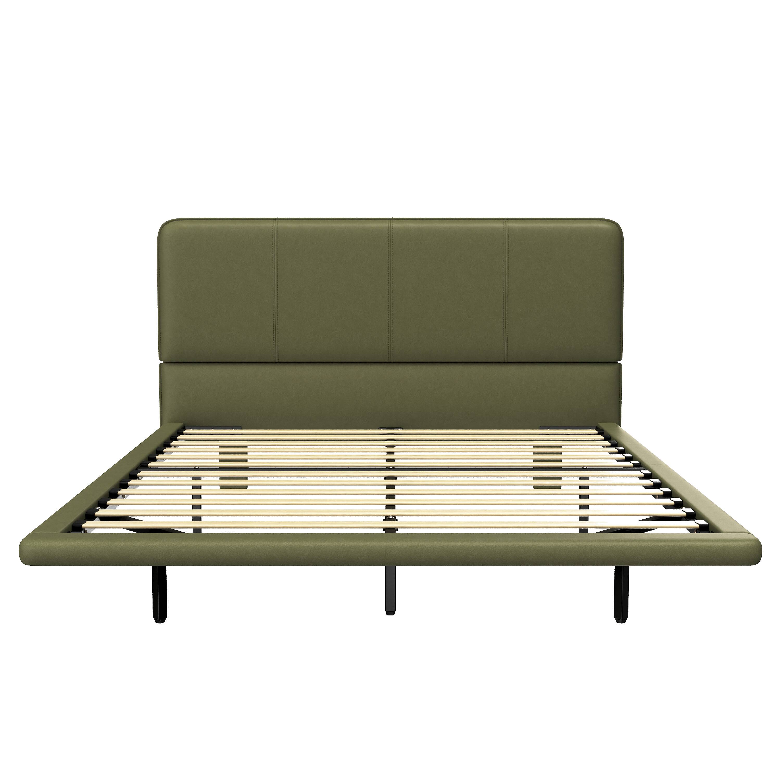 Alt View 1. LUCKY ONE - Full Size PU Leather Floating Bed Frame with LED Light - Green.