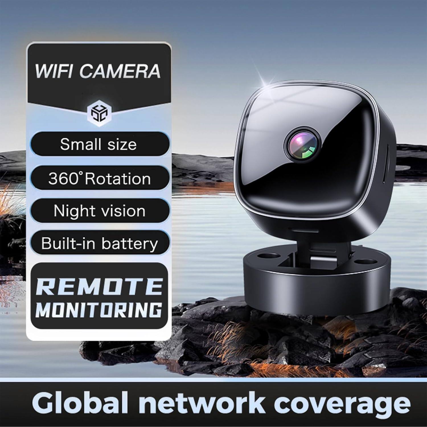 WIFI CAMERA  
- Small size  
- 360° Rotation  
- Night vision  
- Built-in battery  

REMOTE MONITORING  

Global network coverage