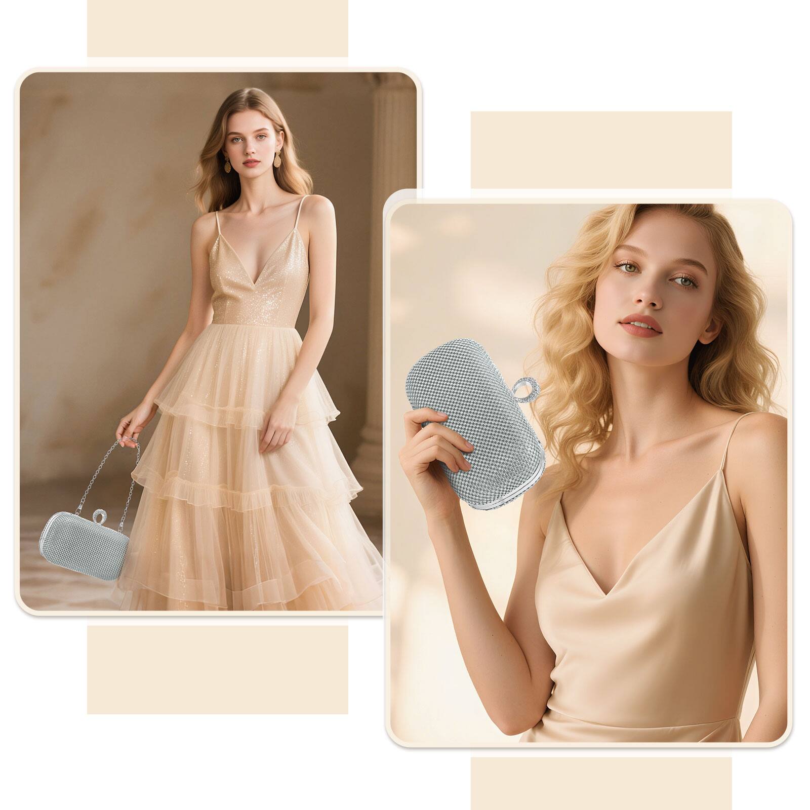 Alt View 1. Unique Bargains - Sparkly Rhinestone Evening Clutch Purse for Women, Vintage Crystal Ring Clasp Handbag for Bridal Wedding 1920s Party - Silver.