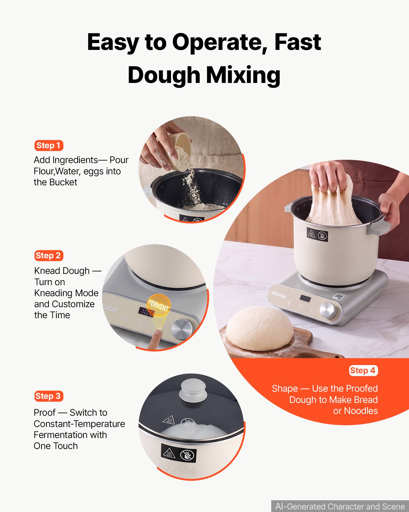 Easy to Operate, Fast Dough Mixing

Step 1: Add Ingredients—Pour Flour, Water, eggs into the Bucket

Step 2: Knead Dough—Turn on Kneading Mode and Customize the Time

Step 3: Proof—Switch to Constant-Temperature Fermentation with One Touch

Step 4: Shape—Use the Proofed Dough to Make Bread or Noodles
