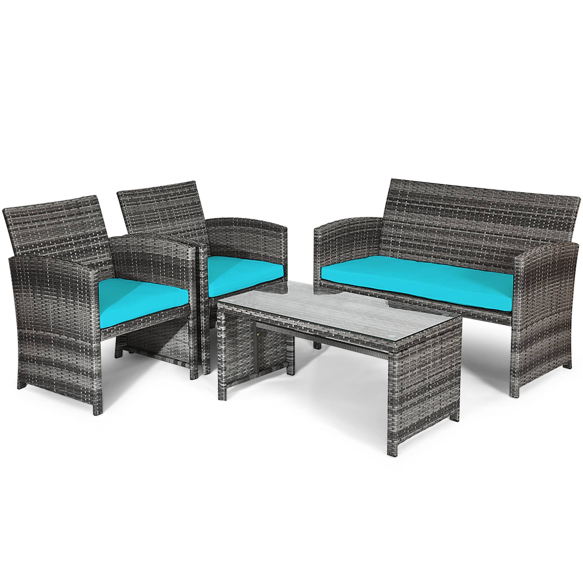 Alt View 5. Gymax - Gymax 8PCS Patio Outdoor Rattan Conversation Furniture Set w/ Turquoise Cushion - Mix Grey.