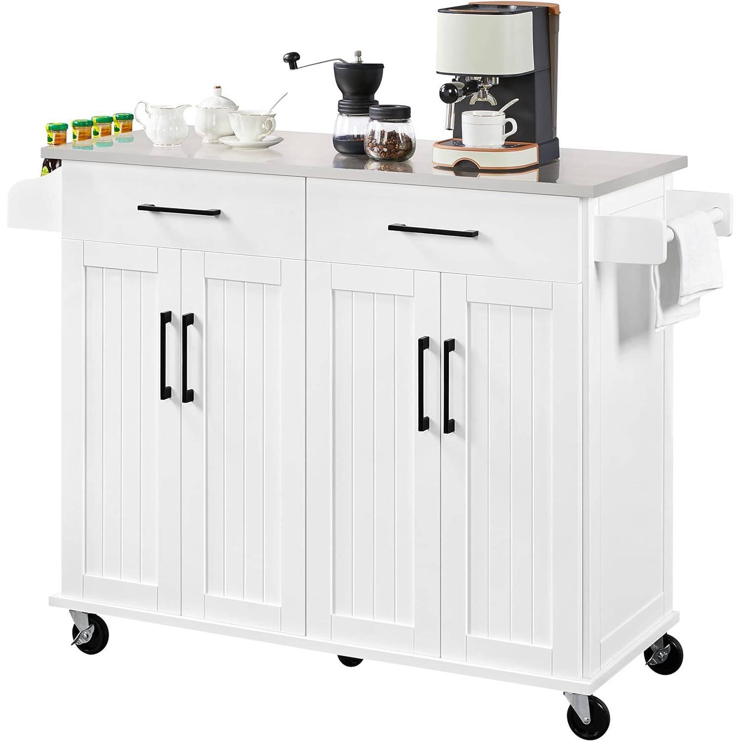 Front. SlickBlue - Kitchen Storage Cart Island with Stainless Steel Top, 2 Drawers, Cabinet - White.