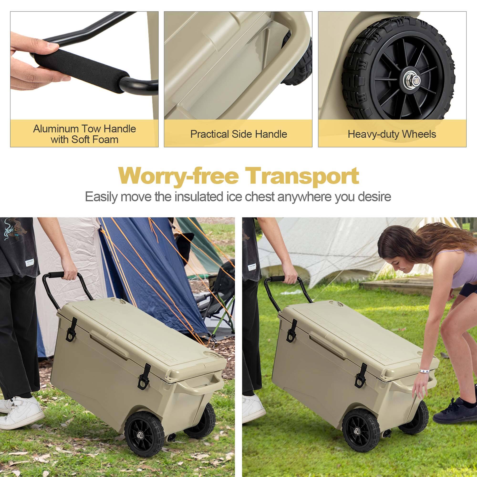 Aluminum Tow Handle with Soft Foam  
Practical Side Handle  
Heavy-duty Wheels  

Worry-free Transport  
Easily move the insulated ice chest anywhere you desire