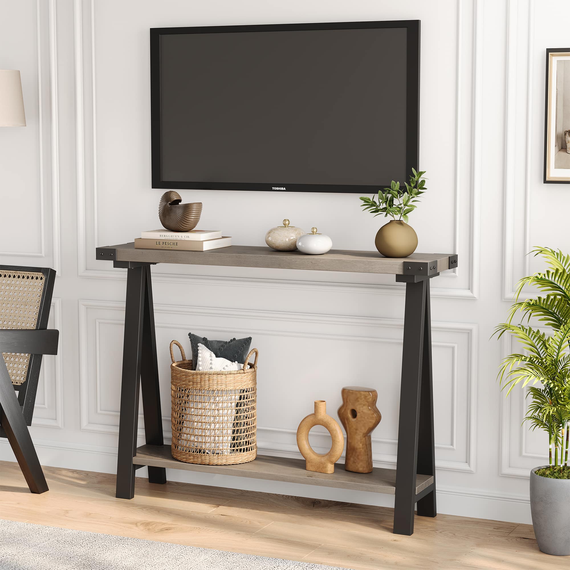 Acekool - Farmhouse Console Table, 43.3" Entryway Table with Storage - Gray