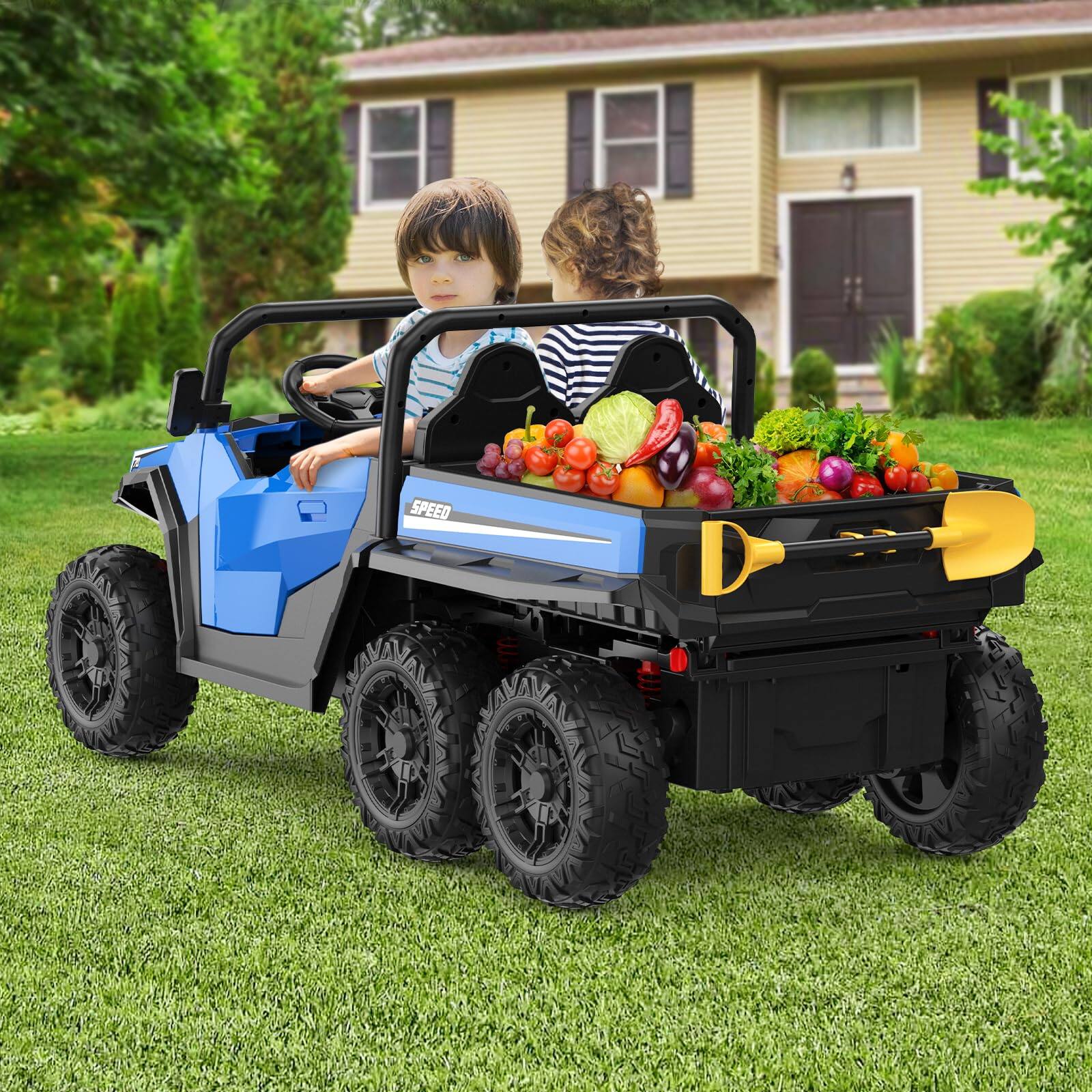 Front. GARVEE - 24V 4WD 6-Wheel Electric Ride-On Dump Truck, 2-Seater, Remote Control, Dump Bed & Shovel, 5MPH Max Speed - Blue.