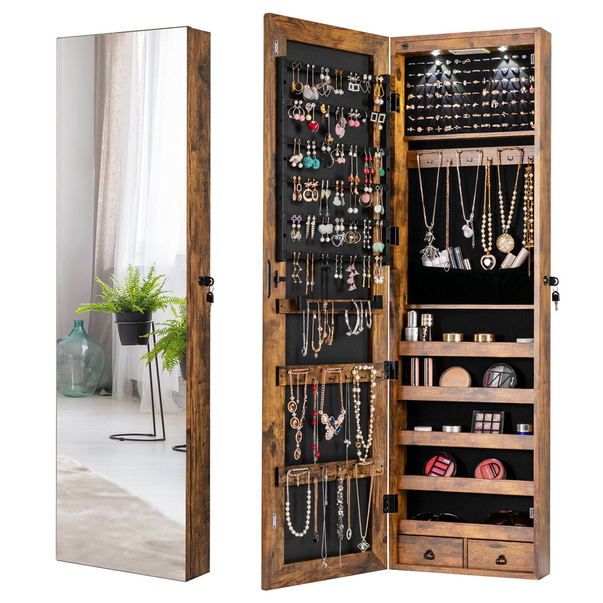 Alt View 8. Gymax - Gymax Mirrored Wall & Door Mounted Jewelry Storage Cabinet Organizer W/ Lights & Drawer Rustic Brown - Brown.