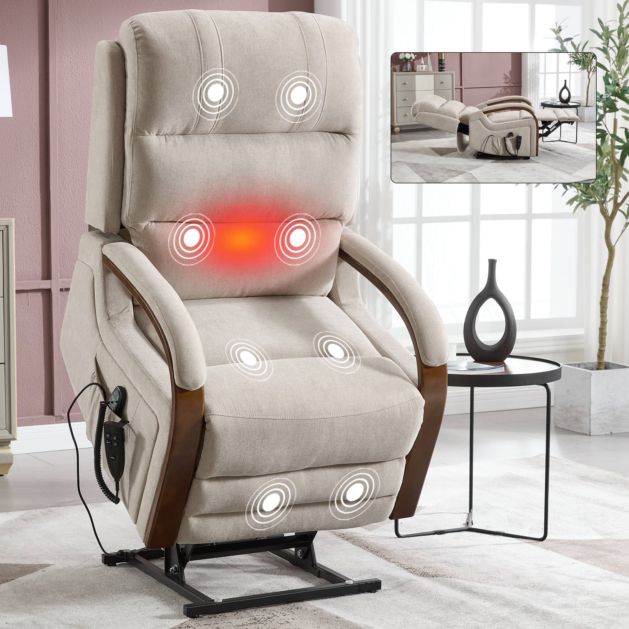 Angle. LUCKY ONE - Chenille Power Lift Recliner Chair with Infinite Position, Massage and Solid Wood Armrests - Beige.