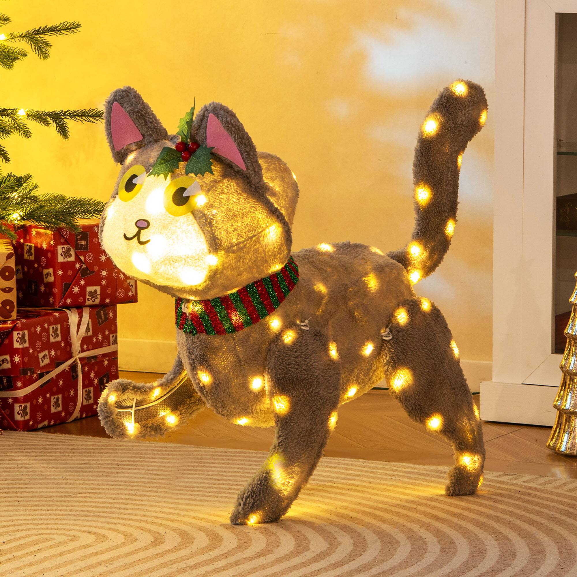 Alt View 1. Gymax - Gymax Lighted Christmas Cat w/ 88 LED Lights 4 Ground Stakes Cable Tiers for Yard - Gray.