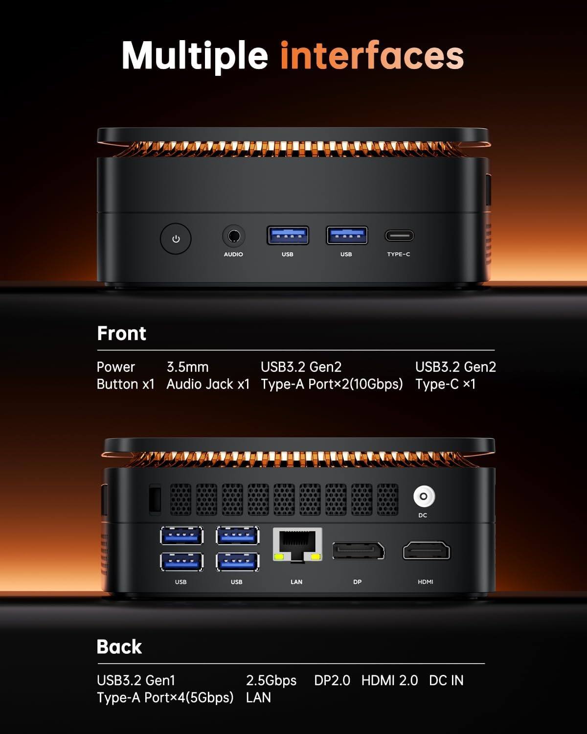 Multiple interfaces

Front
- Power Button x1
- 3.5mm Audio Jack x1
- USB3.2 Gen2 Type-A Port x2 (10Gbps)
- USB3.2 Gen2 Type-C x1

Back
- USB3.2 Gen1 Type-A Port x4 (5Gbps)
- LAN
- DP2.0
- HDMI 2.0
- DC IN