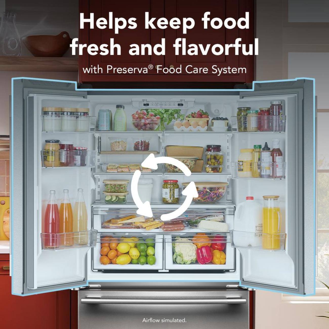 Helps keep food fresh and flavorful with Preserva® Food Care System Airflow simulated.