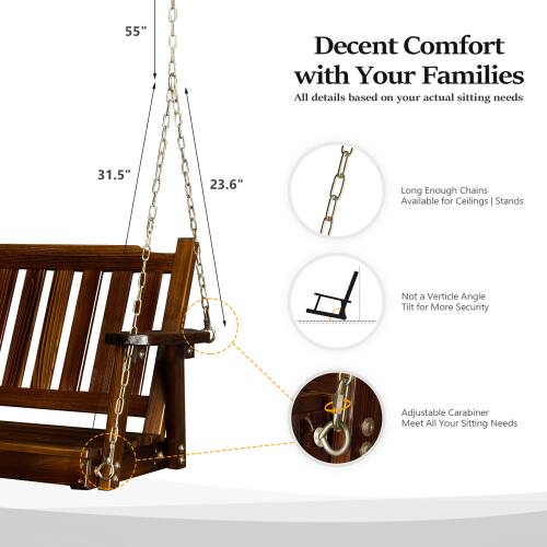 55" Decent Comfort with Your Families  
All details based on your actual sitting needs  
31.5" 23.6"  
Long Enough Chains Available for Ceilings | Stands  
Not a Vertical Angle Tilt for More Security  
Adjustable Carabiner Meet All Your Sitting Needs
