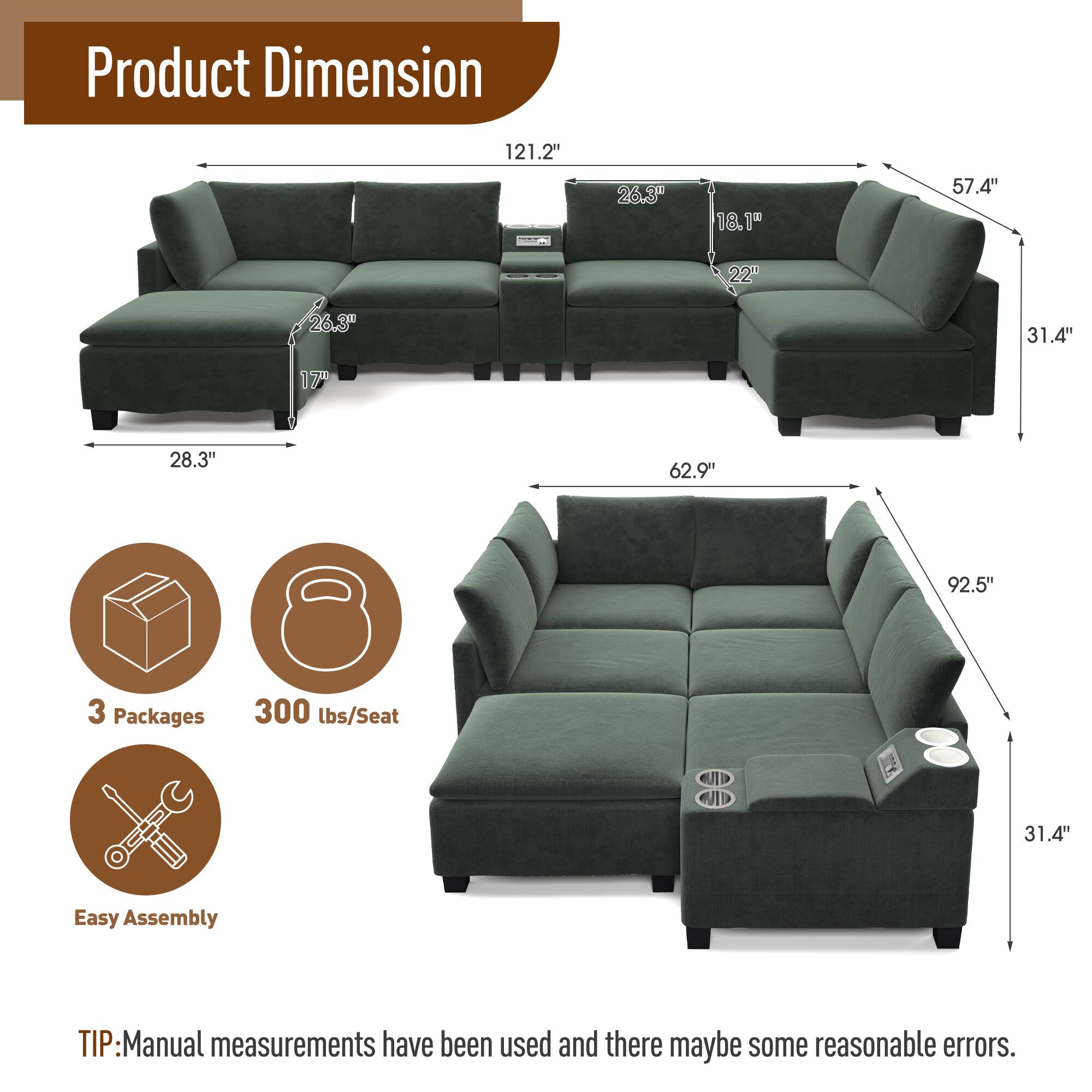 Product Dimension: 121.2" x 26.3" x 18.1" x 57.4" x 28.3" x 62.9" x 92.5" x 31.4"

3 Packages

300 lbs/Seat

Easy Assembly

TIP: Manual measurements have been used and there may be some reasonable errors.