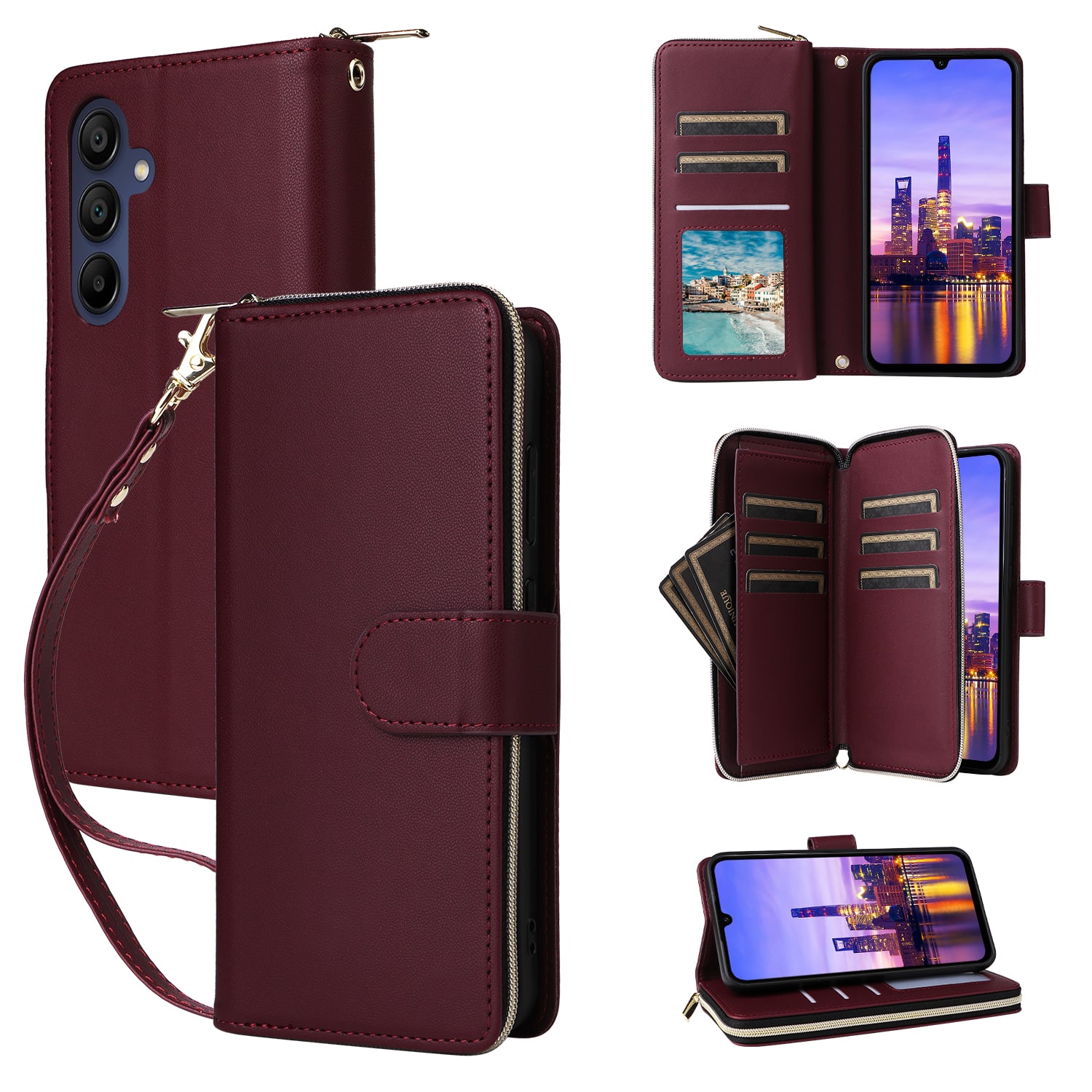 Dteck - Crossbody Wallet Case for Samsung Galaxy A16 5G, Shockproof Zipper Pocket PU Leather Folio Cover with 9 Card Slots - Winered