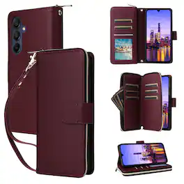 Dteck - Crossbody Wallet Case for Samsung Galaxy A16 5G, Shockproof Zipper Pocket PU Leather Folio Cover with 9 Card Slots - Winered