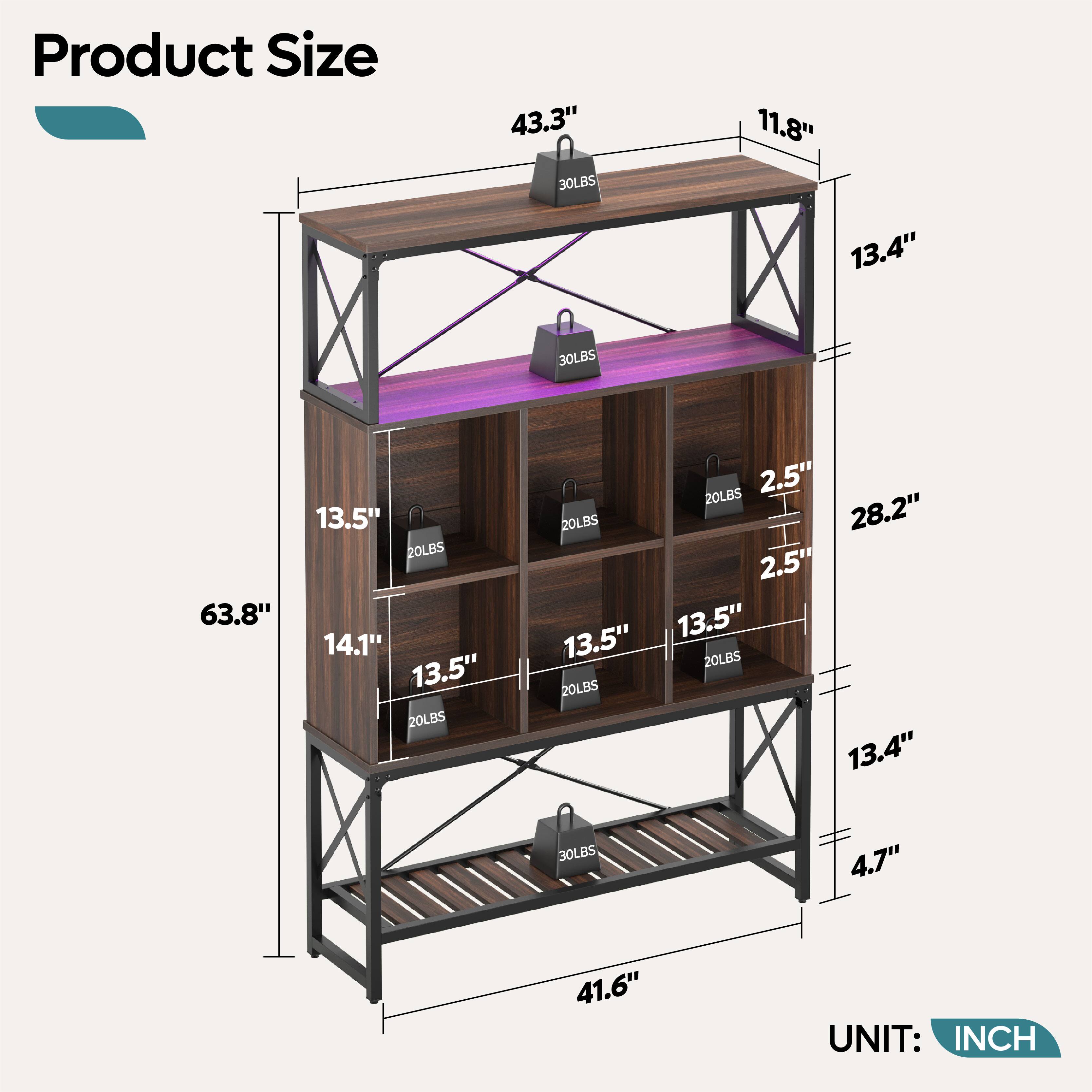 Product Size: 43.3", 11.8", 13.4", 63.8", 14.1", 2.5", 28.2", 4.7", 41.6"  
Weight: 30LBS, 20LBS