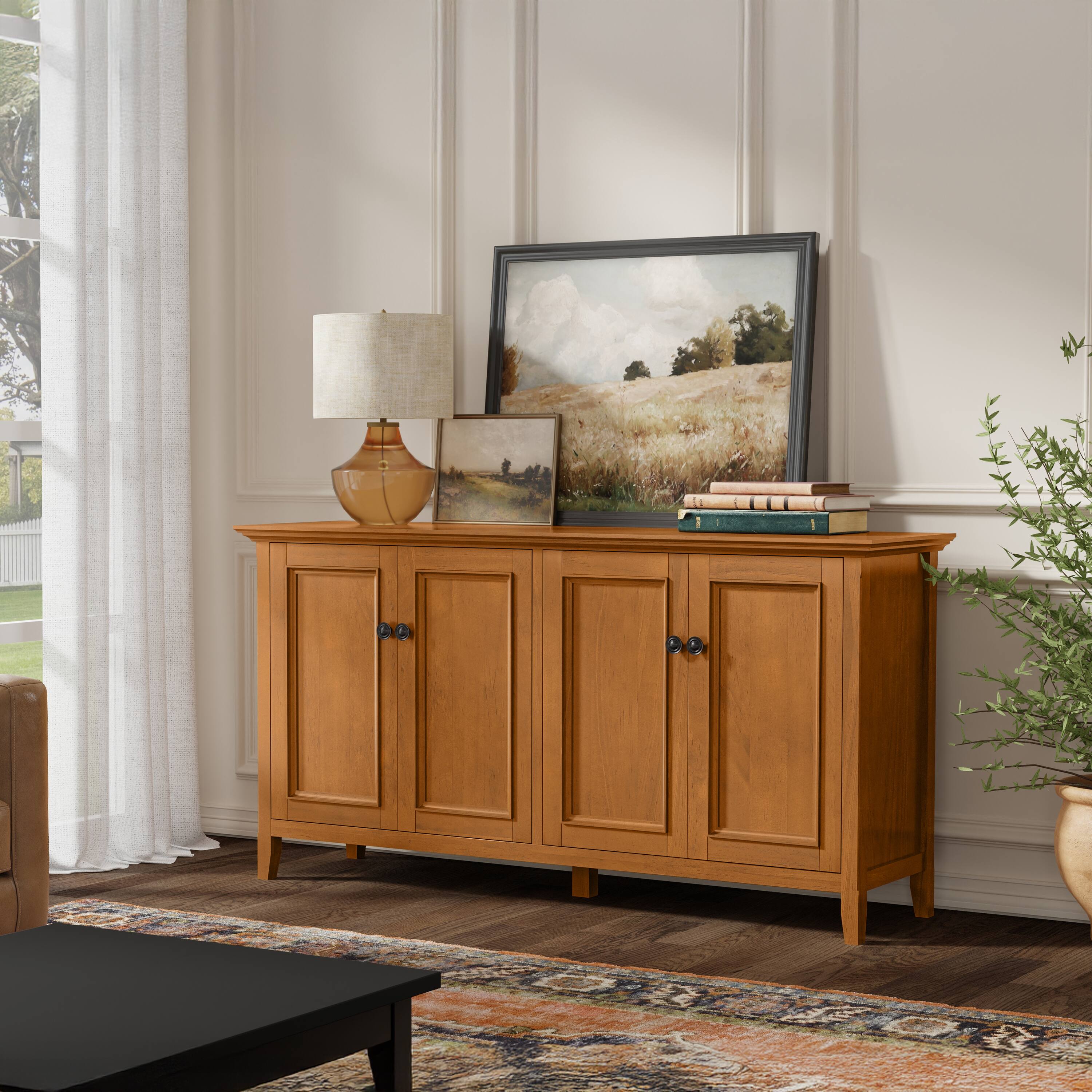 Left. Simpli Home - Simpli Home Amherst 66 inch Wide Solid Wood Transitional 4 Door Storage Cabinet in Light Golden Brown - Light Golden Brown.