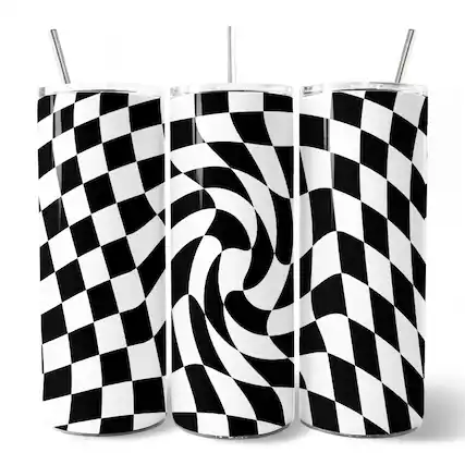 Front. OrnamentallyYou - Black and White Checkerboard Swirl 20oz Tumbler With Lid and Stainless Steel Straw - Multicolored.
