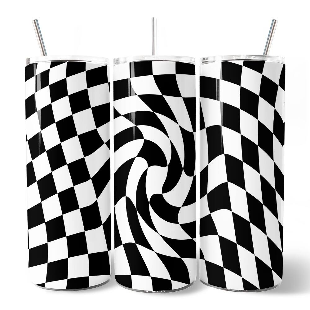 Front. OrnamentallyYou - Black and White Checkerboard Swirl 20oz Tumbler With Lid and Stainless Steel Straw - Multicolored.