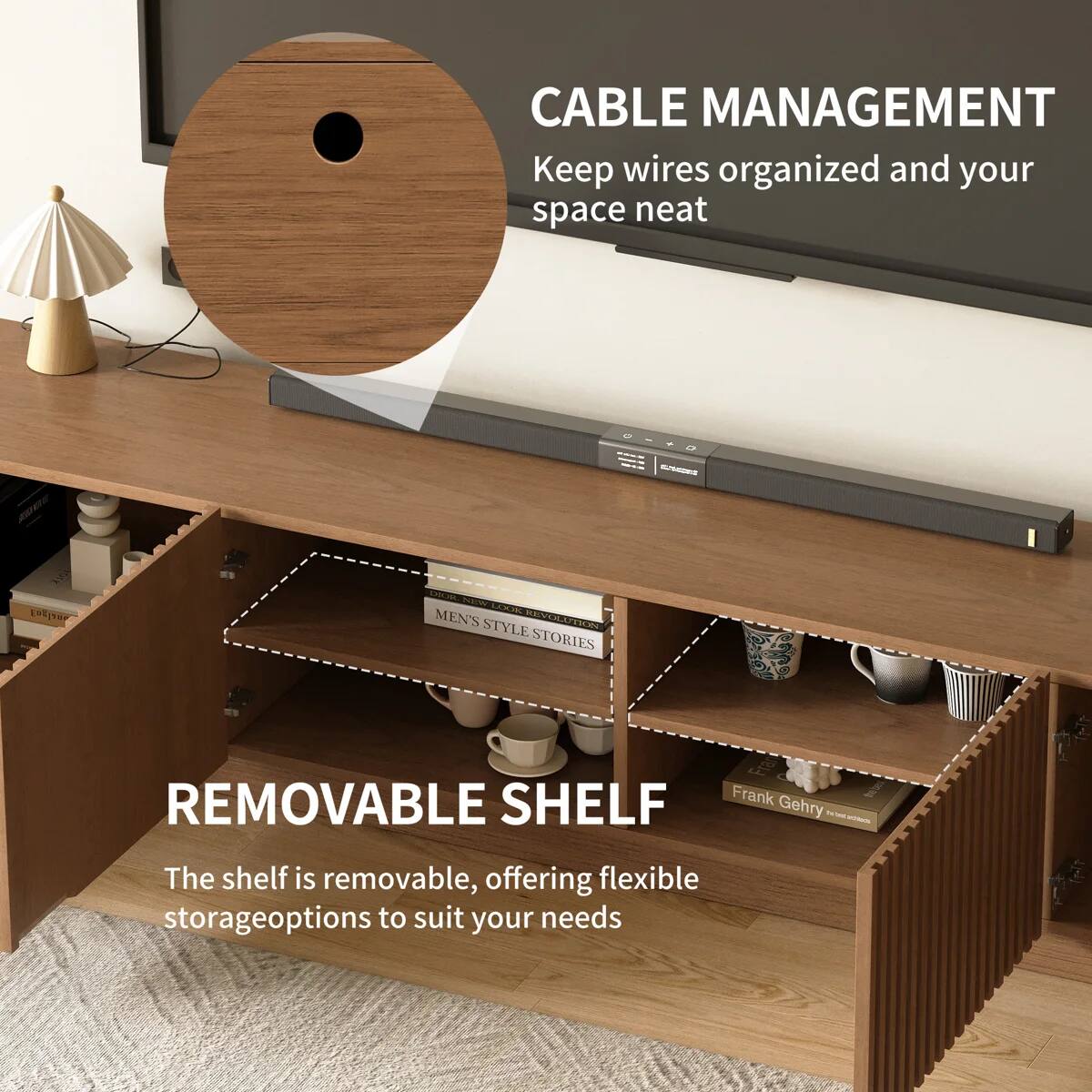 CABLE MANAGEMENT  
Keep wires organized and your space neat

P..N - - glisur

LAE MEN'S PEVC STYLE HO STORIES

REMOVABLE SHELF  
Frank Gehry - - The shelf is removable, offering flexible storage options to suit your needs