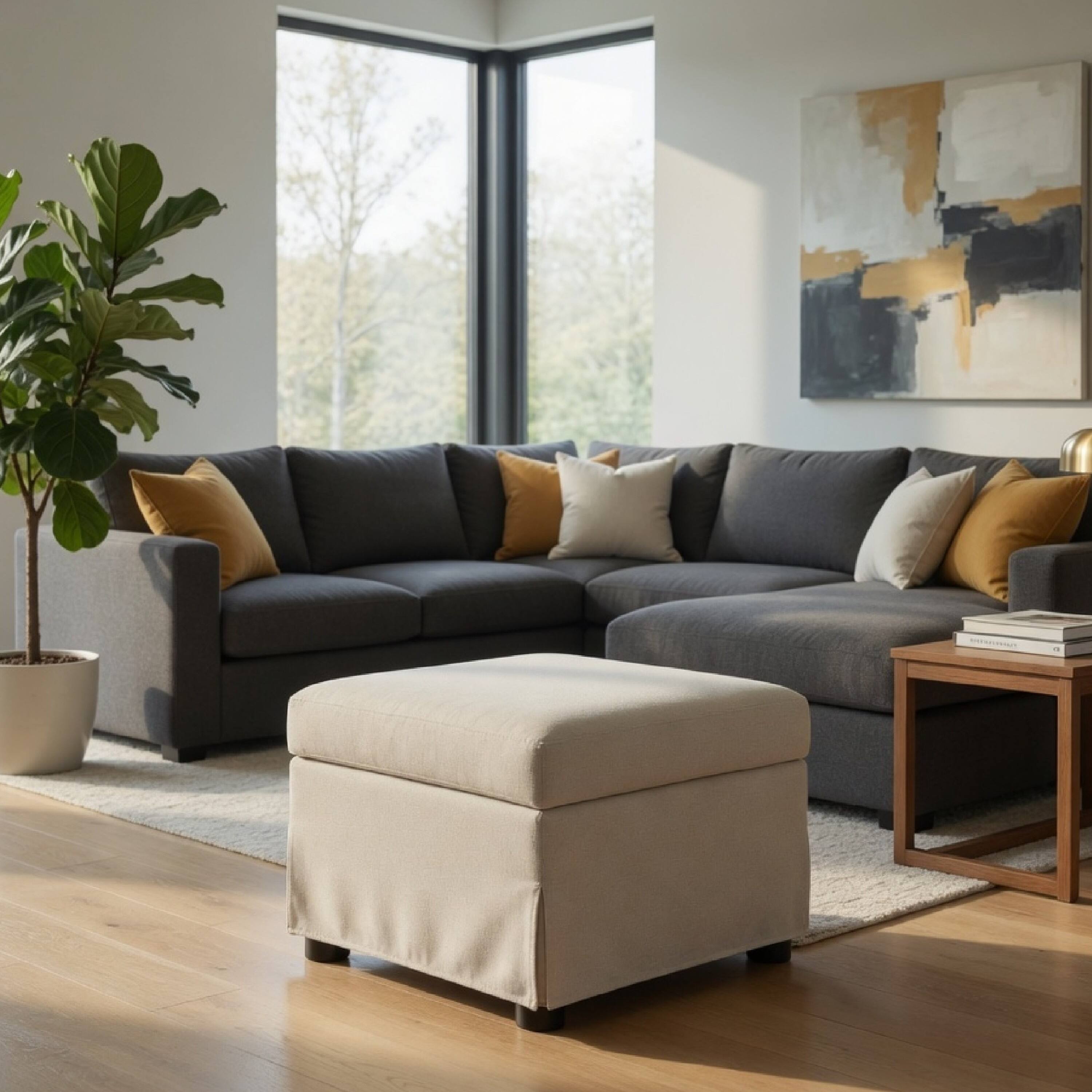 Alt View 8. Manhattan Lane - Jira Modern Storage Ottoman, Black Feet, Beige Upholstery, 24 Inch - Beige, Black.