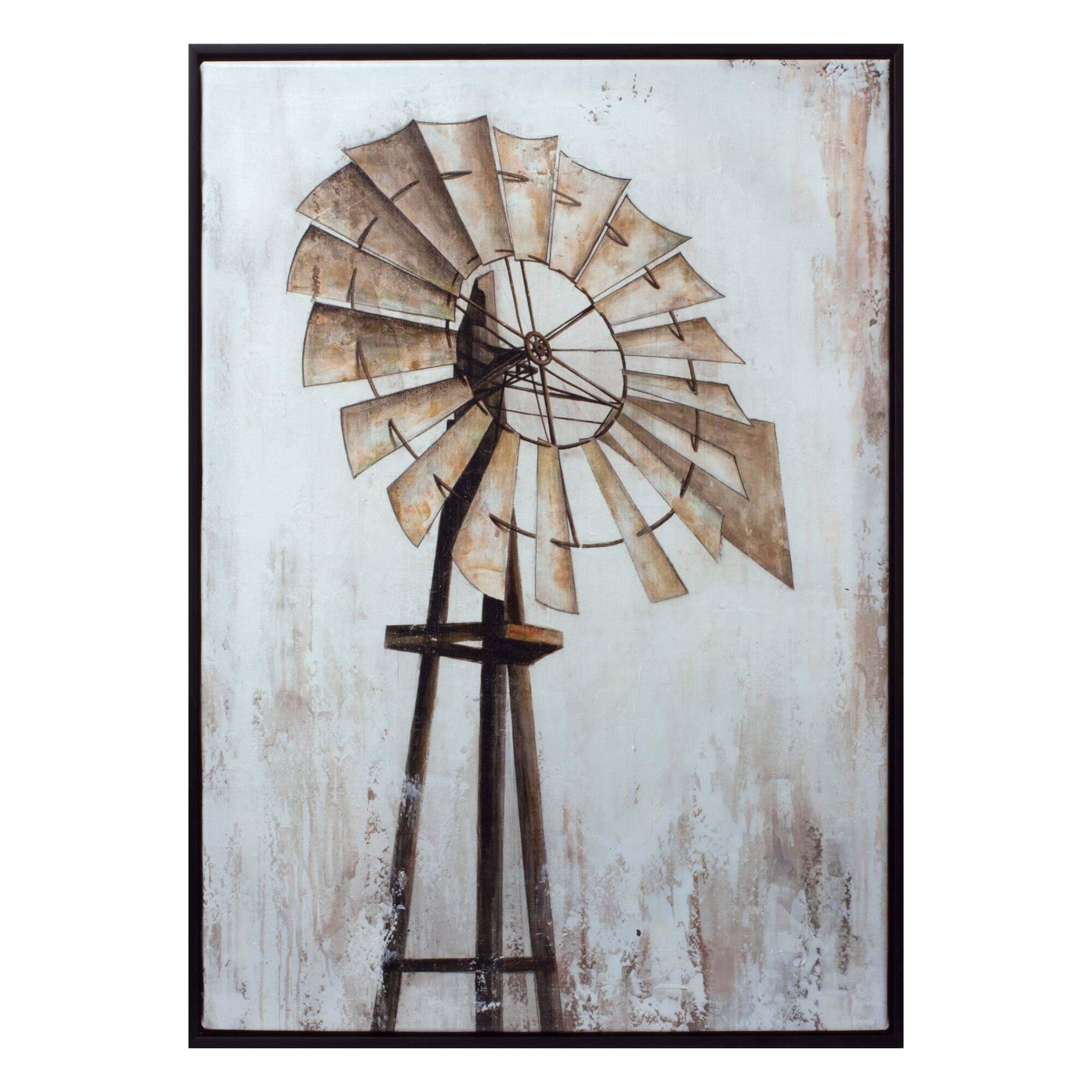 Front. BreeBe - Framed Windmill Canvas Print 28"H - Brown, White, Black.