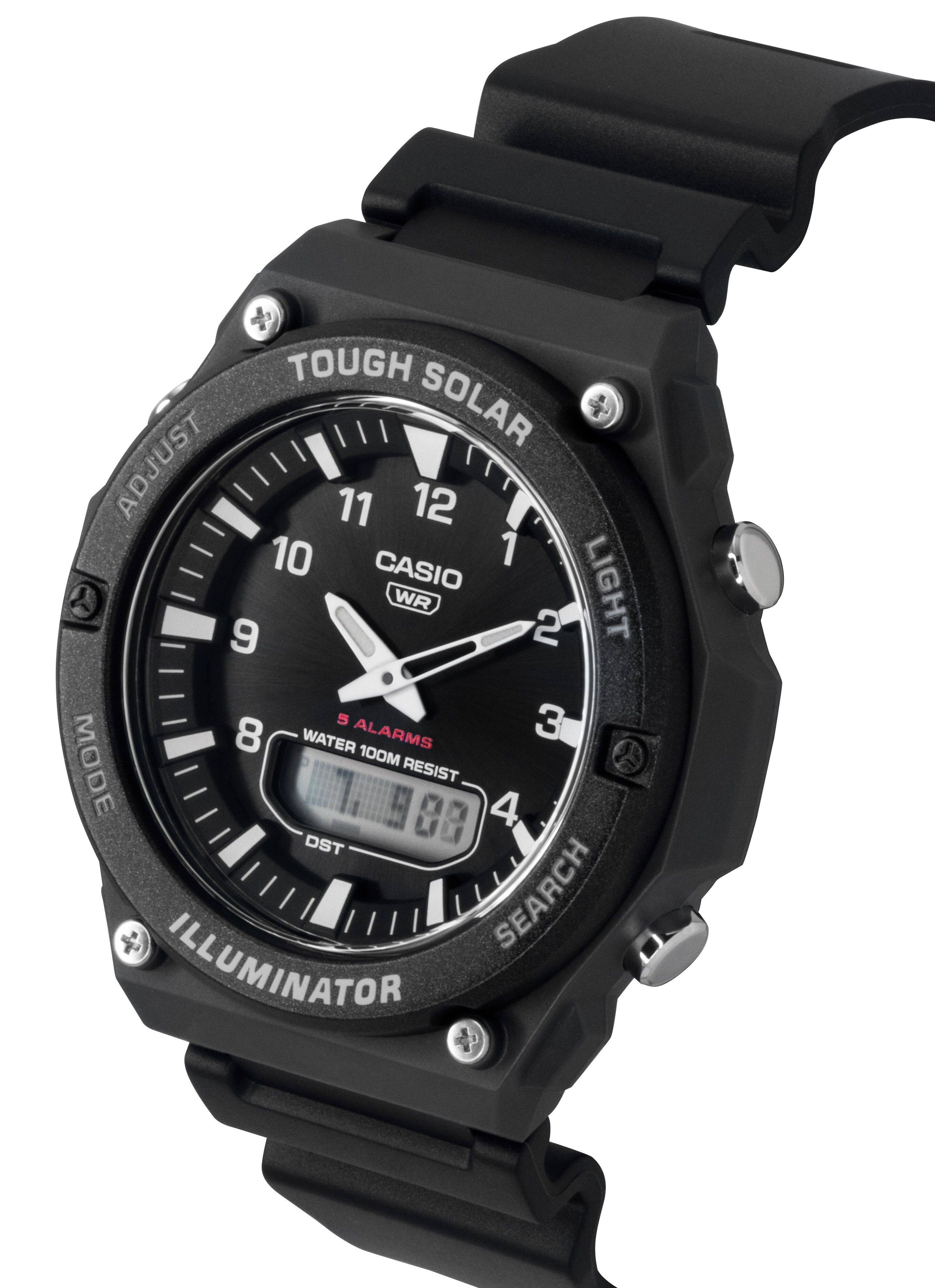 TOUGH SOLAR  
ADJUST 11 12 10 1  
CASIO WR 9 2 5 3 8  
LIGHT  
WATER 100M RESIST  
5 ALARMS  
DST  
ILLUMINATOR  
SEARCH  
MODE