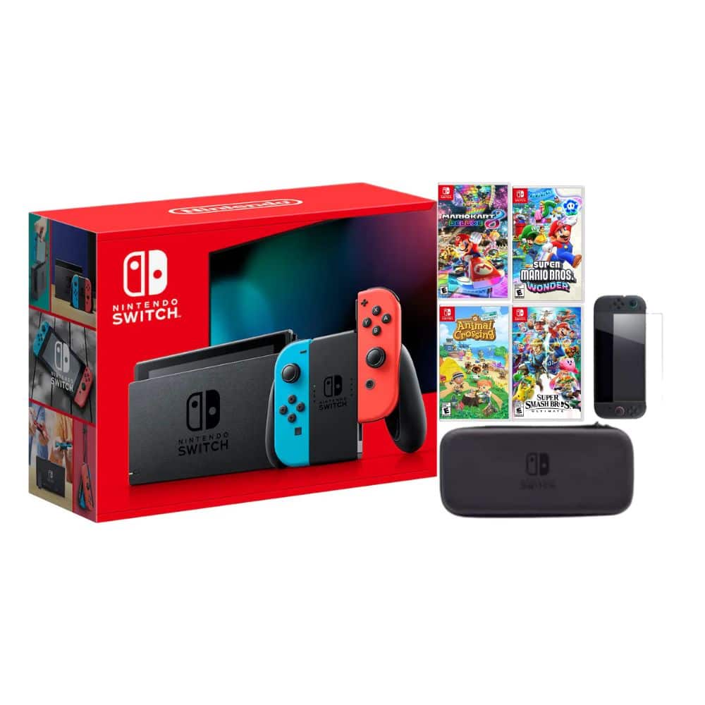 Switch Neon Bundle With Accessories Super Mario Bros Wonder, Smash Bros, Mario Kart 8, and Animal Crossing Game price history on PriceWatchPro