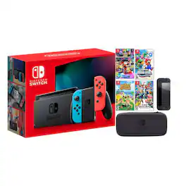 Switch Neon Bundle With Accessories Super Mario Bros Wonder, Smash Bros, Mario Kart 8, and Animal Crossing Game