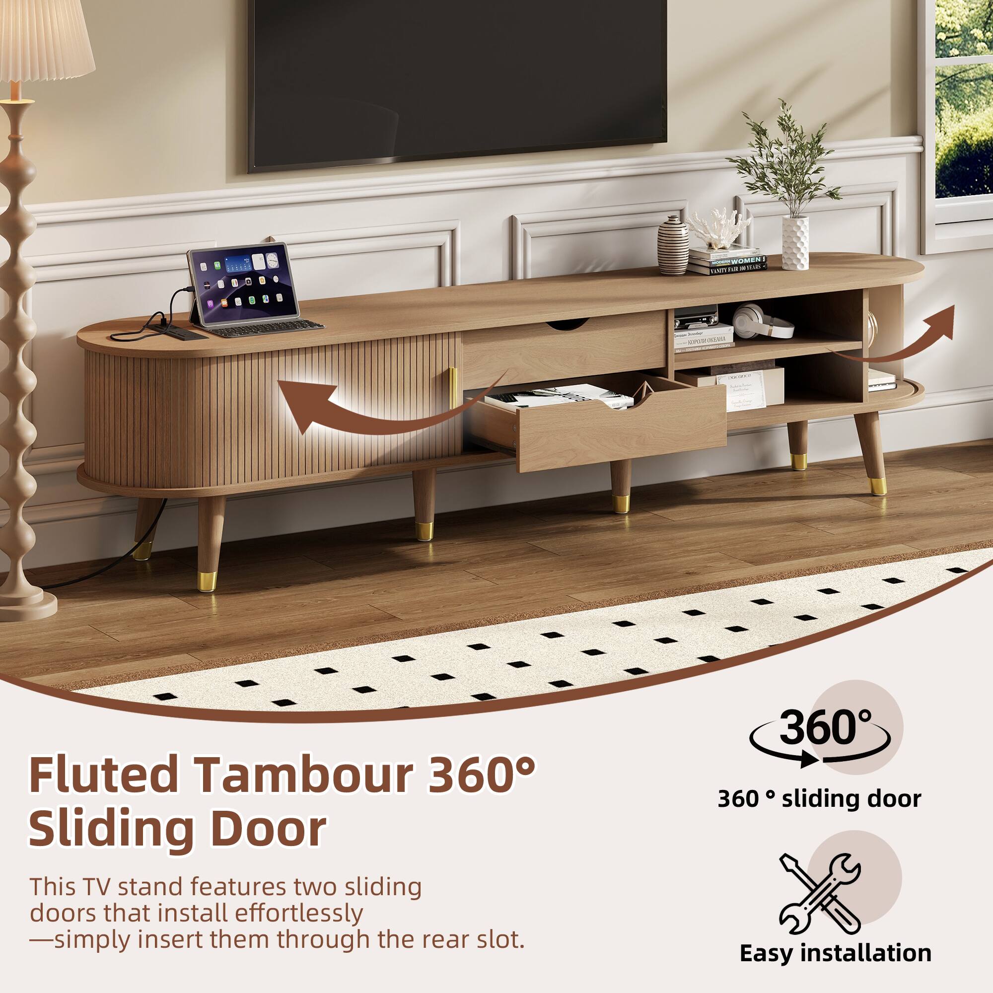 Alt View 1. TinyHomie - Wooden Oval Fluted TV Stand with Charging Station for TV up to 80in Mid-Century Media Console with Sliding Tambour Door - Natural.