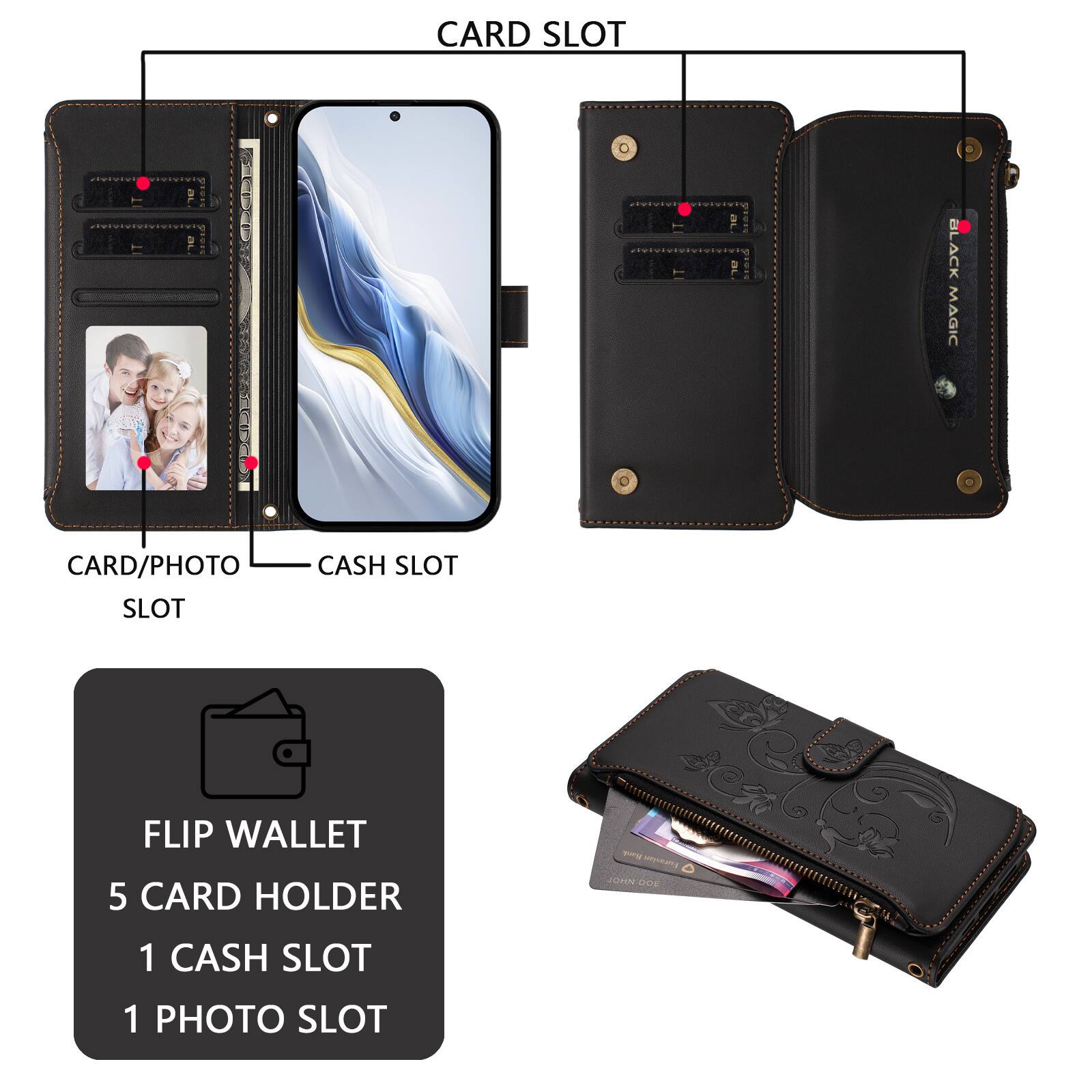 CARD SLOT  
CARD/PHOTO SLOT  
CASH SLOT  

FLIP WALLET  
5 CARD HOLDER  
1 CASH SLOT  
1 PHOTO SLOT  

BLACK MAGIC
