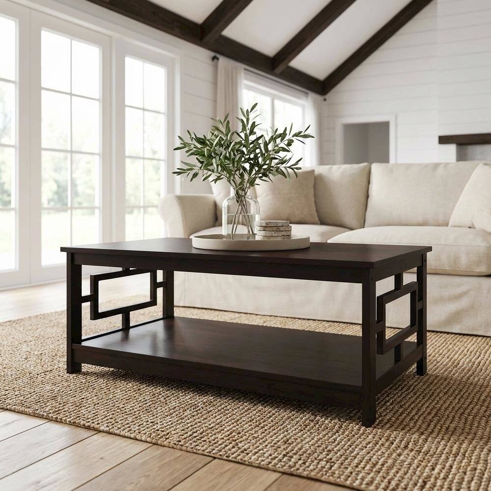 Left. FurniFact - Espresso MDF Coffee Table with Shelf and Storage Space - Espresso.