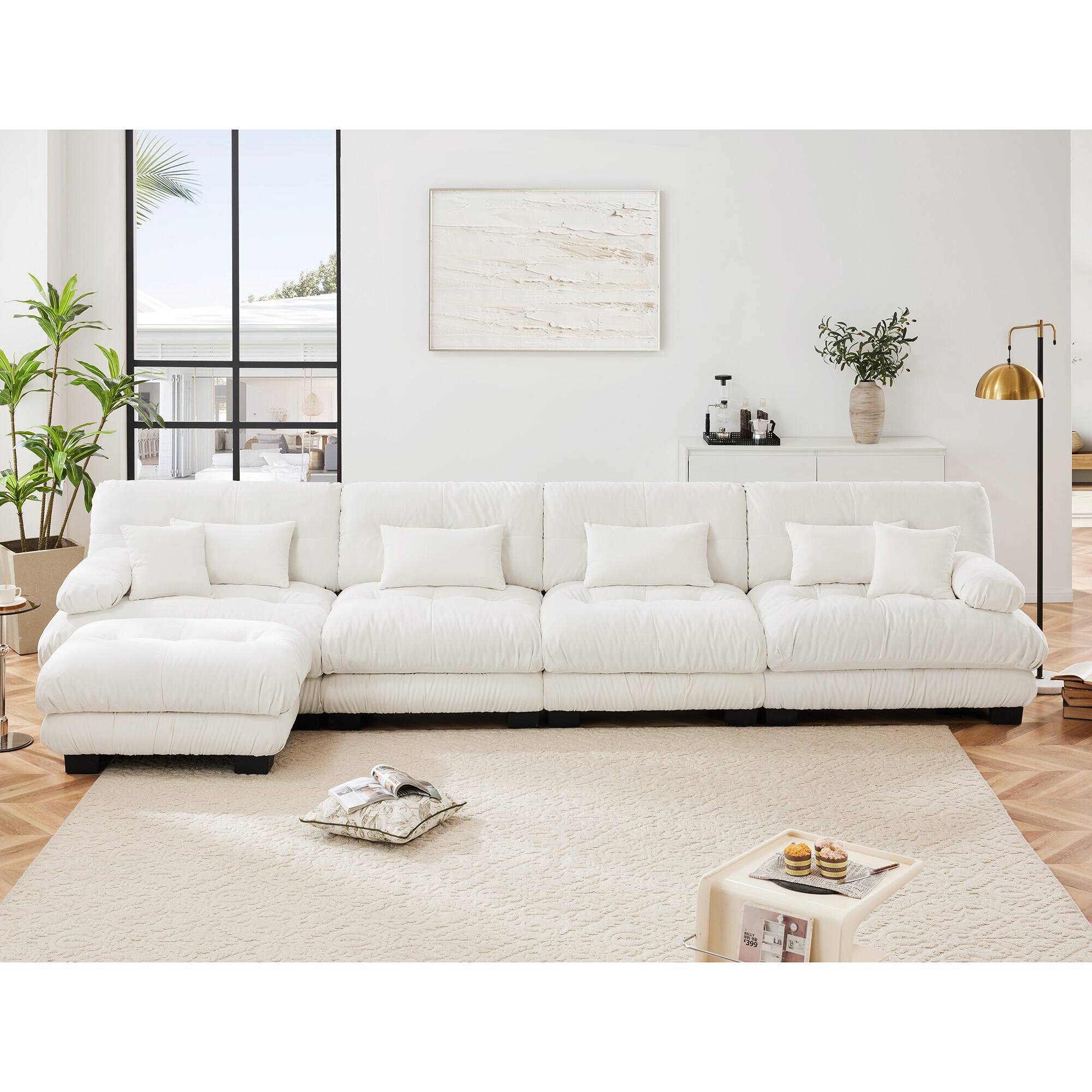 Aukfa - L-Shaped Sectional Cloud Sofa - 4 Seater Modular Couch, Velvet Upholstered with Waist Pillows and Bolstered Armrests - White