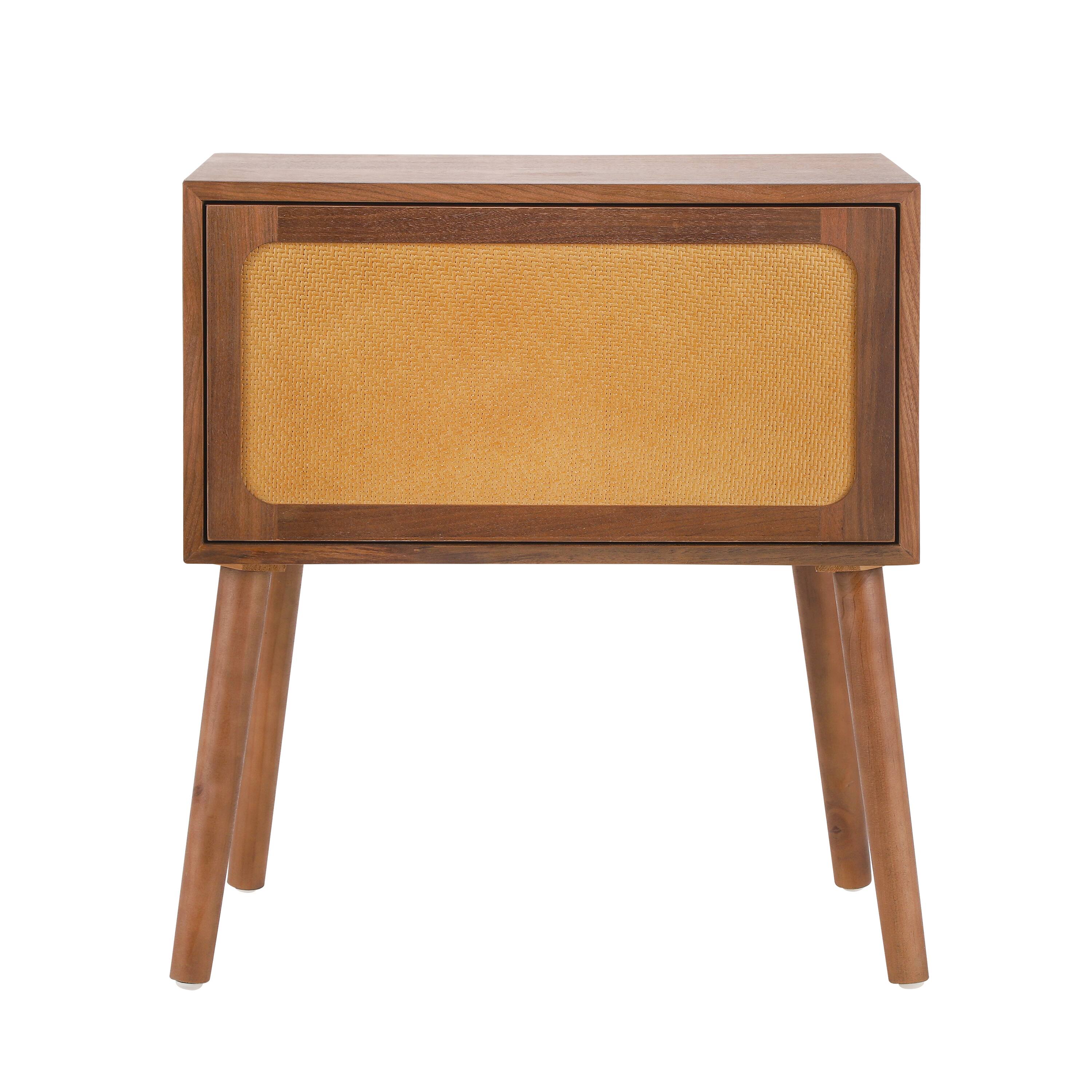 Back. Whisen - Rotating Nightstand with Hidden Compartments, Rattan Bedside Table and Storage End Table - Walnut.
